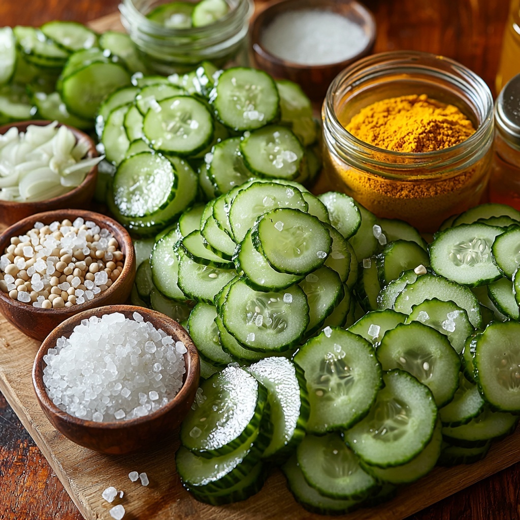 4 cups thinly sliced bright green cucumbers with visible seeds, 1 cup translucent white and purple-tinged thinly sliced onions, small rustic bowls containing golden yellow mustard seeds and light brown celery seeds, a glass jar filled with coarse white granulated sugar, a clear glass measuring cup with amber apple cider vinegar, small rustic ceramic spoons holding vibrant yellow ground turmeric and fine white salt crystals, all meticulously arranged on a clean, light wooden surface with soft natural light enhancing the fresh, crisp textures and vivid colors; scattered mustard and celery seeds artfully sprinkled nearby, minimal shadows, emphasizing a fresh and inviting preparation scene; overhead shot, top down view, flat lay photography, professional food styling --ar 1:1 --q 2 --s 750 --v 6.1