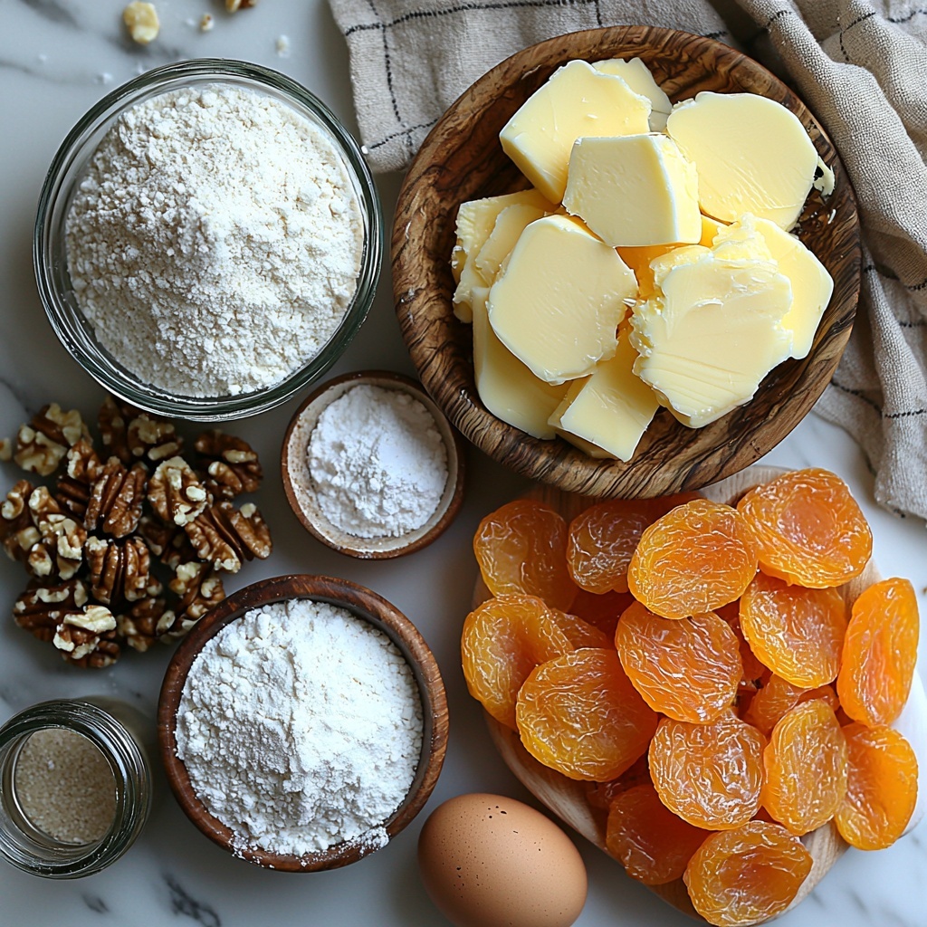 Softened butter curl in a small glass bowl, next to a delicate mound of golden brown packed brown sugar and a scoop of fine white granulated sugar, scattered lightly nearby; all-purpose flour in a rustic wooden bowl with a small measuring cup, some flour dusting the clean white marble surface subtly. Rich amber dried apricots, plump and chopped, arranged artfully on a small ceramic plate with a glistening glaze. Two large fresh eggs with smooth shells rest gently on a linen napkin folded beside a tiny glass jar of translucent vanilla extract. Warm-toned chopped walnuts and snowy sweetened flaked coconut displayed separately in textured ceramic bowls. A small dish holds powdered sugar with a vintage silver spoon lightly dusted with powder, some spilled powder artfully scattered around the setting. The overall palette mixes warm neutrals, soft whites, and amber hues with natural textures—wood, ceramic, glass—set on a clean, bright surface with soft natural light casting gentle shadows. overhead shot, top down view, flat lay photography, professional food styling --ar 1:1 --q 2 --s 750 --v 6.1