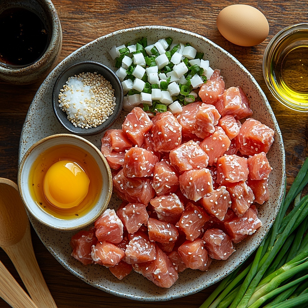 A clean, neutral-toned surface featuring an artful flat lay arrangement of ingredients for Chinese honey chicken: bite-sized raw chicken breast pieces in a small white bowl showing pink, fresh texture; a heap of white cornstarch and all-purpose flour mixed with specks of salt and black pepper on a rustic ceramic plate; a small bowl with a bright yellow beaten egg; a glossy pool of amber honey in a glass jar; a dark, shiny soy sauce in a delicate ceramic dish; a translucent bowl with pale rice vinegar; two small piles of finely minced garlic and minced ginger with slightly moist, textured surfaces; a small container of golden vegetable oil with a reflective surface; sprinkled white sesame seeds and sliced vibrant green onions scattered nearby as optional garnishes. The ingredients are neatly spaced with natural light casting soft shadows, styled with wooden spoons, linen napkins, and a few green onion stalks for color contrast. Overhead shot, top down view, flat lay photography, professional food styling --ar 1:1 --q 2 --s 750 --v 6.1