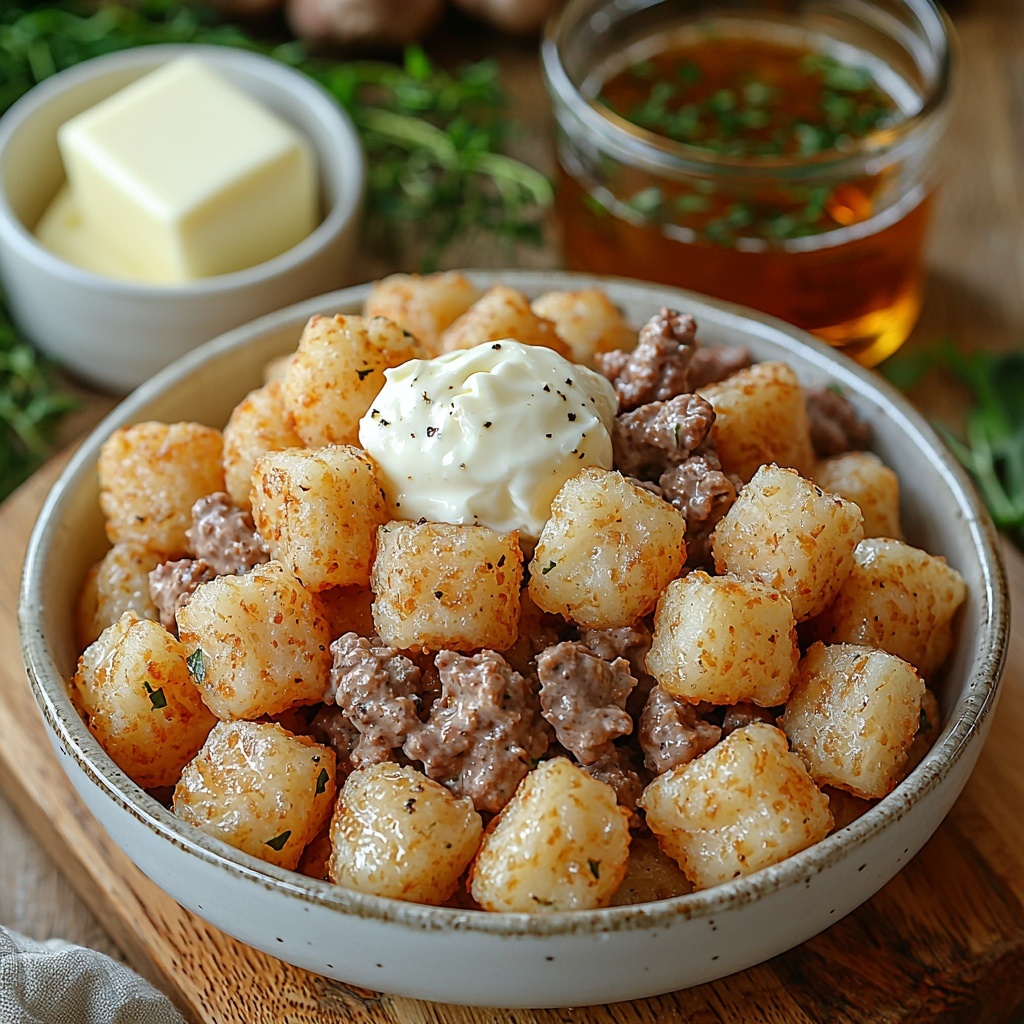 frozen tater tots scattered loosely in a rustic white ceramic bowl, golden crispy texture visible; a small glass bowl with creamy melted butter glistening softly; an opened can showing smooth, pale beige cream of mushroom soup with slight sheen; a dollop of softened cream cheese on a wooden board, creamy and slightly glossy with soft texture; raw ground beef in a small glass bowl, deep red with marbled fat visible; a small heap of granular Italian dressing mix with vibrant herb flakes on a white saucer; a small clear glass measuring cup filled with rich brown beef broth reflecting light; all ingredients arranged neatly on a clean, light wood surface with natural light casting soft shadows, balanced spacing to highlight contrasting colors and textures, minimalistic styling with a touch of rustic kitchen vibe, fresh herbs subtly placed nearby for added color and visual interest, overhead shot, top down view, flat lay photography, professional food styling --ar 1:1 --q 2 --s 750 --v 6.1
