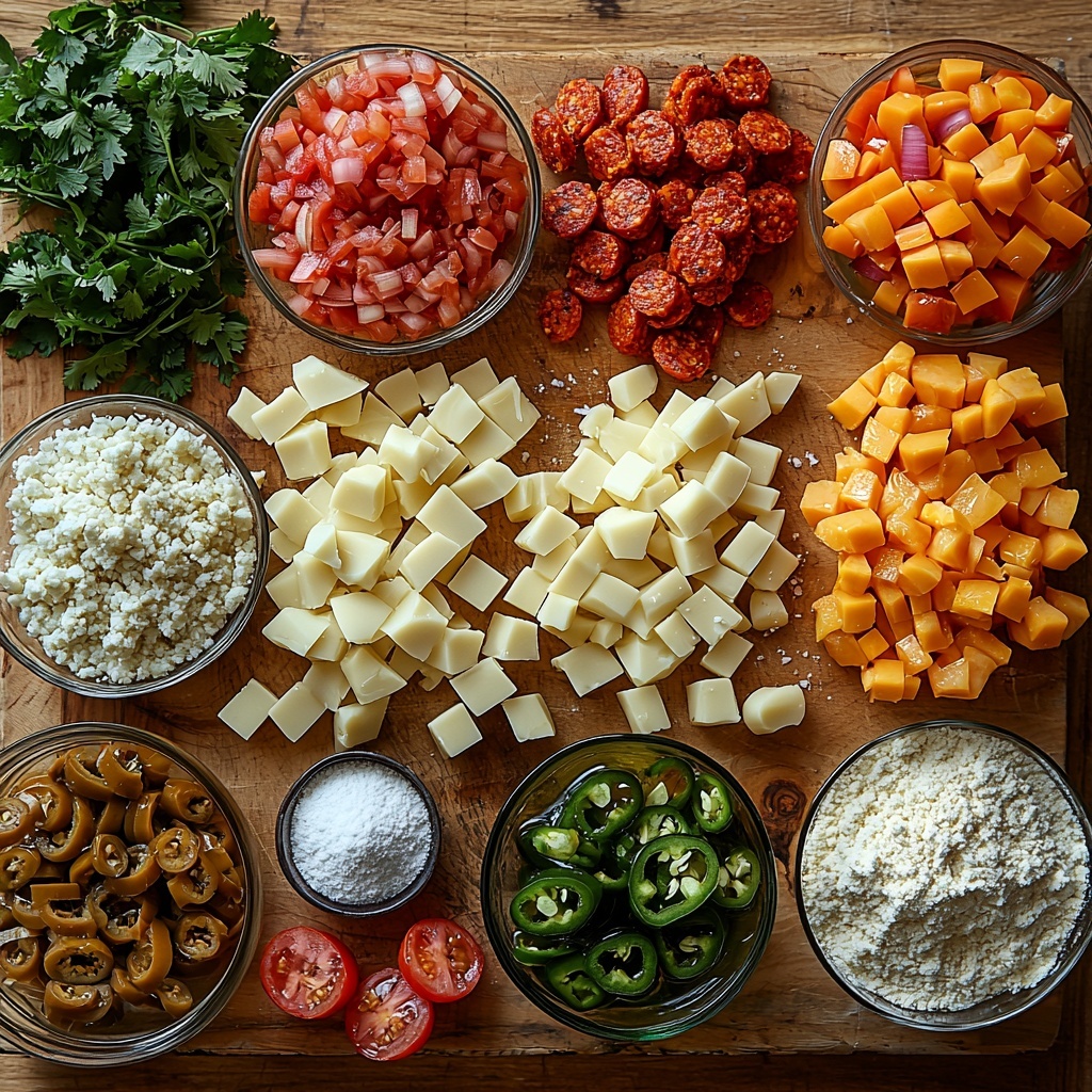 fresh chorizo sausage, olive oil in a small glass bowl, minced garlic cloves, diced sweet onion, minced poblano pepper, all-purpose flour in a neat pile, whole milk in a clear measuring cup, diced Roma tomato, shredded Monterey Jack cheese, shredded Pepper Jack cheese, kosher salt and freshly ground black pepper in small rustic bowls, chopped fresh cilantro leaves in a small heap and divided in two clusters, pickled jalapeno peppers in a small jar; ingredients carefully spaced and arranged on a clean light wooden surface, vibrant colors contrasting with neutral background, textures ranging from crumbly sausage, soft diced vegetables, fluffy cheese shreds to smooth milk and shiny olive oil, natural daylight softly illuminating the scene creating subtle shadows, minimalistic styling with rustic kitchen tools partially visible, inviting and warm atmosphere, overhead shot, top down view, flat lay photography, professional food styling --ar 1:1 --q 2 --s 750 --v 6.1