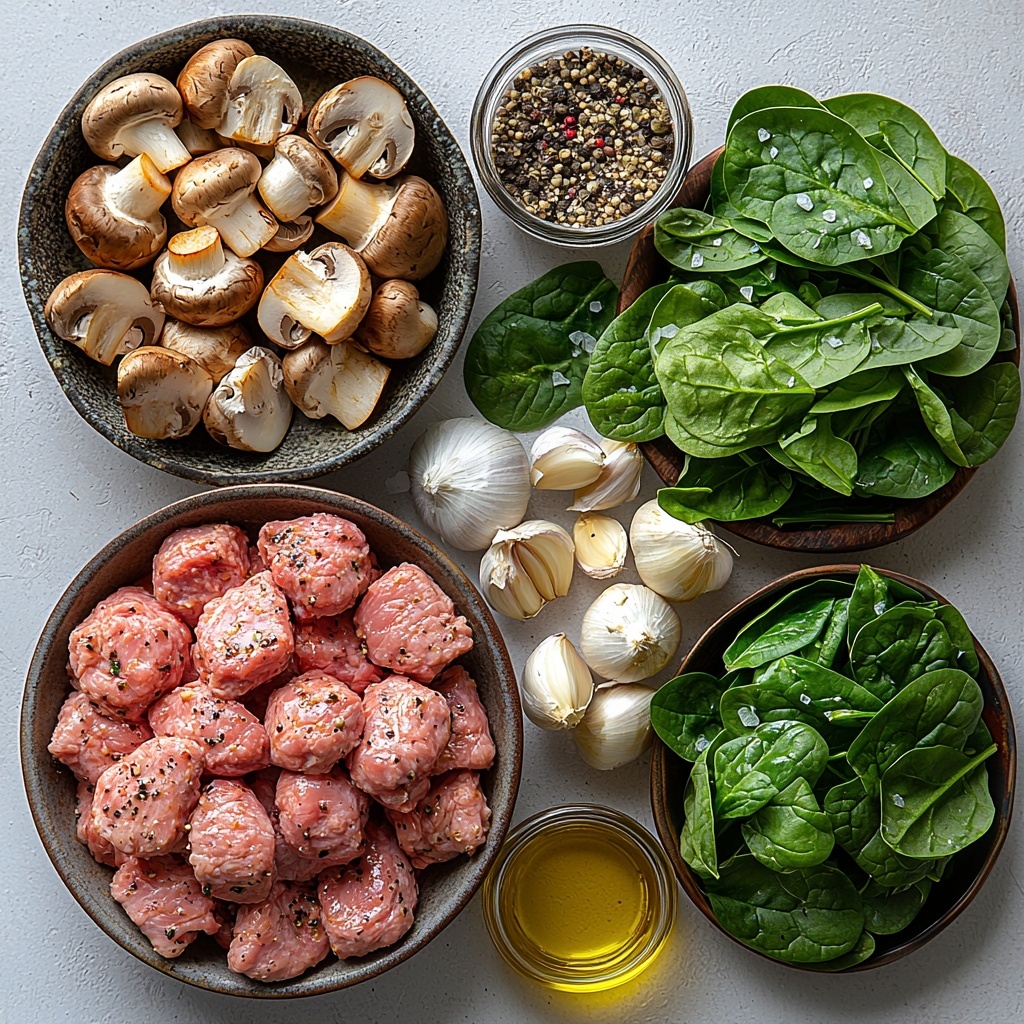 flat lay photography of raw ingredients for a turkey spinach mushroom skillet arranged neatly on a pristine white surface: one pound of finely ground turkey in a small rustic bowl showing its pinkish texture, vibrant fresh dark green spinach leaves loosely piled beside it, a cup of thinly sliced light brown mushrooms layered in a natural curve, one medium onion finely diced in a small clear glass bowl revealing its translucent white pieces, two garlic cloves minced and scattered artistically nearby, a small glass container of golden olive oil with a gentle sheen, a tiny vintage spoon holding coarse salt crystals and whole black peppercorns, and a teaspoon of dried Italian seasoning with visible flecks of green and red herbs. The ingredients are spaced evenly with soft natural lighting highlighting the earthy tones and fresh textures, subtle shadows adding depth, minimalistic and clean background with slight rustic wooden accents, styled to look fresh and inviting, overhead shot, top down view, flat lay photography, professional food styling --ar 1:1 --q 2 --s 750 --v 6.1