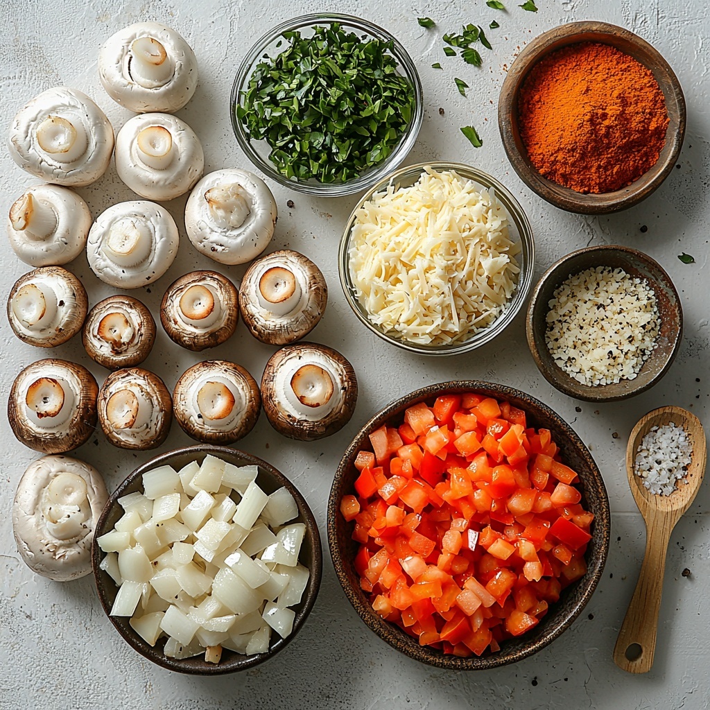 A clean white or light wood surface with all the main ingredients for crab stuffed mushrooms artfully arranged for a flat lay photo: 24 fresh white button mushrooms with smooth caps and clean stems removed, a small glass bowl of finely chopped translucent yellow onion, a small bowl of bright red diced bell pepper, a rustic bowl filled with chunks of pale pink crab claw meat, a small heap of pale yellow shredded Gruyere cheese showing fine strands, a neat pile of golden seasoned panko breadcrumbs with a slight crunch texture, a small wooden spoon holding a sprinkle of Old Bay seasoning showcasing warm orange and brown tones, a tiny dish with off-white garlic powder, and scattered specks of coarse black pepper and salt crystals. Soft natural light enhancing the fresh textures and vibrant colors, subtle shadows providing depth, minimal props emphasizing ingredients, slight rustic touch with a neutral linen napkin at the edge, tidy and balanced composition. Overhead shot, top down view, flat lay photography, professional food styling --ar 1:1 --q 2 --s 750 --v 6.1