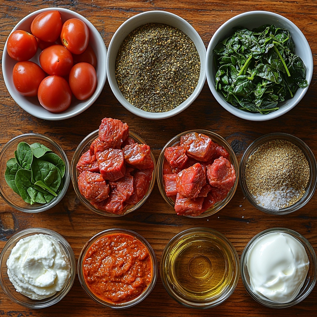 lamb shoulder pieces raw, fresh bright green spinach leaves and a small bowl of smooth spinach puree, two medium finely chopped onions in a white ceramic bowl, two ripe red tomatoes pureed in a glass bowl, small bowls with golden turmeric powder, warm brown coriander powder, shiny dark brown cumin seeds, rich brown garam masala powder, a small bowl of creamy white yogurt or cream, two fresh green chopped chilies, glossy pale garlic paste, pale beige ginger paste, golden cooking oil or ghee in a small glass dish, coarse sea salt crystals in a small white dish. All ingredients arranged neatly on a clean light wooden surface with soft natural lighting highlighting the vibrant colors and varying textures — rustic yet elegant setup with minimal props, slight shadows adding depth, ingredients spaced evenly but organically placed to create balance and visual interest. Overhead shot, top down view, flat lay photography, professional food styling --ar 1:1 --q 2 --s 750 --v 6.1