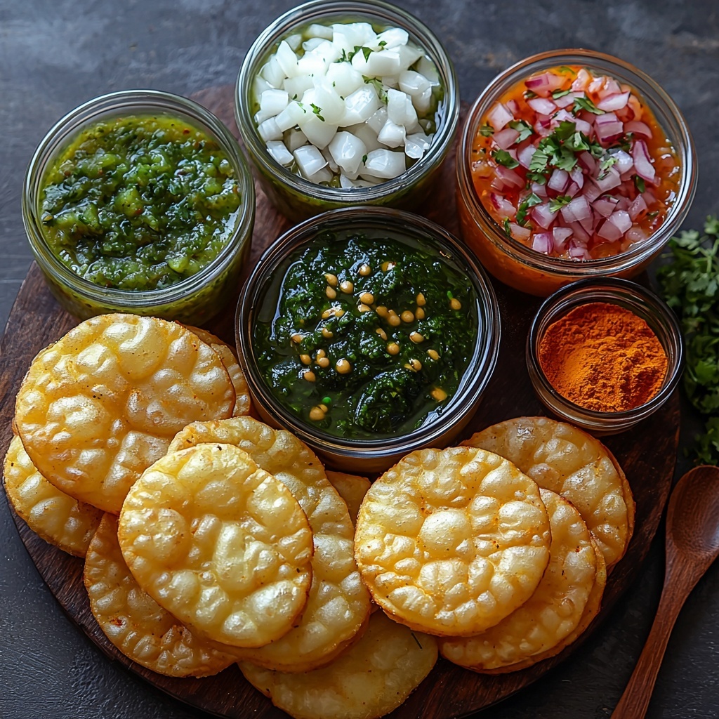 Puris stacked neatly in a small pile with their crisp, golden-brown texture visible; a bowl of smooth, creamy mashed boiled potatoes seasoned with visible red chili powder and chaat masala flakes; finely chopped translucent white onions scattered lightly beside a clear bowl of vibrant green chutney with a fresh, herbaceous texture; a small glass bowl of dark, glossy tamarind chutney with a rich, sticky appearance; a smaller bowl containing bright red garlic chutney with a slightly coarse texture; a wooden spoon casually resting on the surface with a sprinkle of pale yellow sev next to it, showing its fine, crispy strands; fresh, bright green coriander leaves roughly chopped, placed loosely for a natural look; a small dish with fine chaat masala powder and a pinch of red chili powder, both adding pops of earthy reds and browns; arrangement on a clean white matte surface with soft natural lighting enhancing vivid colors and contrasting textures, minimal shadows, balanced spacing creating harmony and focus on the freshness and diversity of ingredients; styled with simple props like rustic wooden spoons and neutral-toned napkins to keep the focus on vibrant ingredients, overhead shot, top down view, flat lay photography, professional food styling --ar 1:1 --q 2 --s 750 --v 6.1