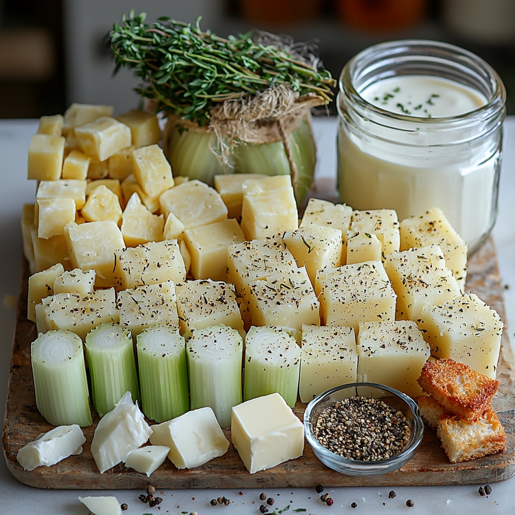 brown diced onion, white diced leek cubes, fresh celery stems diced into neat 1cm cubes, large peeled celeriac chunks with rough pale skin texture, smooth white potato cubes, whole garlic cloves finely chopped and scattered, golden unsalted butter pats, creamy thick full fat cream in a small clear bowl, fresh green bay leaf and thyme sprigs tied with rustic cooking twine into a spice sachet, black peppercorns and coriander seeds loosely placed nearby, coarse salt and white pepper sprinkled subtly on the clean surface, small glass bowl with golden crispy croutons, glossy olive oil drizzle in a tiny dish, finely chopped bright green chives sprinkled around, all arranged neatly on a pristine white surface with soft natural daylight casting gentle shadows, minimalistic and clean styling emphasizing natural colors and textures, herbs and spices adding visual interest and depth, slight rustic touch with twine and cheesecloth, overhead shot, top down view, flat lay photography, professional food styling --ar 1:1 --q 2 --s 750 --v 6.1