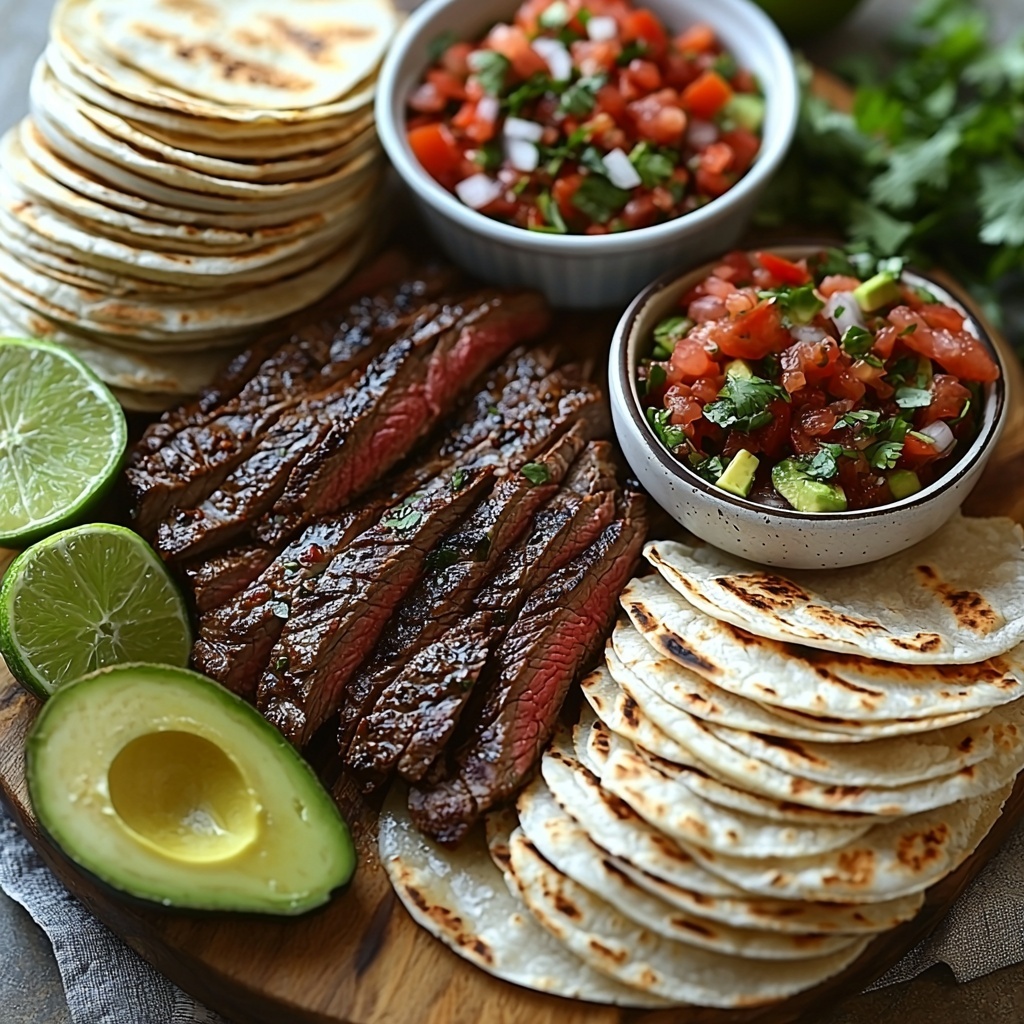flank steak raw and marinated in a small glass bowl with visible lime juice, chopped fresh cilantro, minced garlic, ground cumin, chili powder, salt, and black pepper sprinkled nearby; 8 small corn and flour tortillas stacked neatly on a rustic wooden board; ripe avocado sliced fanned out on a white ceramic plate; a small bowl of colorful pico de gallo salsa with vibrant red tomatoes, green cilantro, and white onions; fresh lime wedges arranged artfully around the scene; extra sprigs of bright green cilantro scattered for garnish; all ingredients laid out on a clean, light textured linen surface with soft natural lighting highlighting the fresh colors and varying textures; subtle shadows add depth; crisp, vibrant, and appetizing, with a balanced composition emphasizing freshness and authenticity, overhead shot, top down view, flat lay photography, professional food styling --ar 1:1 --q 2 --s 750 --v 6.1