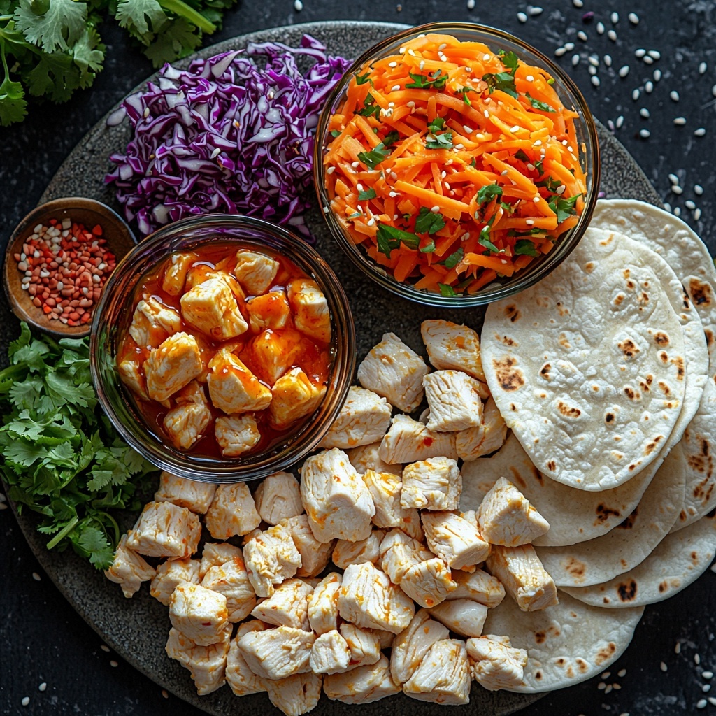 A clean, bright surface with all main ingredients for Firecracker Chicken Wraps neatly arranged in a flat lay composition. Raw boneless, skinless chicken breast pieces seasoned with salt and pepper in a small rustic bowl, a small glass bowl of vibrant orange firecracker sauce with a glossy texture, a handful of bright green chopped green onions scattered loosely nearby, a small pile of shredded, crisp orange carrots, a neat mound of mixed coleslaw with white and purple cabbage strands, four soft, off-white large flour tortillas fanned out yet slightly overlapping, a small drizzle of golden olive oil in a clear dish, and optional garnishes like fresh green cilantro leaves and black-and-white sesame seeds sprinkled elegantly around. Textural contrasts between the juicy chicken, the creamy sauce, crunchy vegetables, and soft tortillas. Soft natural lighting highlighting the vivid colors and fresh textures, styled with minimal rustic props and plenty of negative space for a fresh, appetizing look. Overhead shot, top down view, flat lay photography, professional food styling --ar 1:1 --q 2 --s 750 --v 6.1