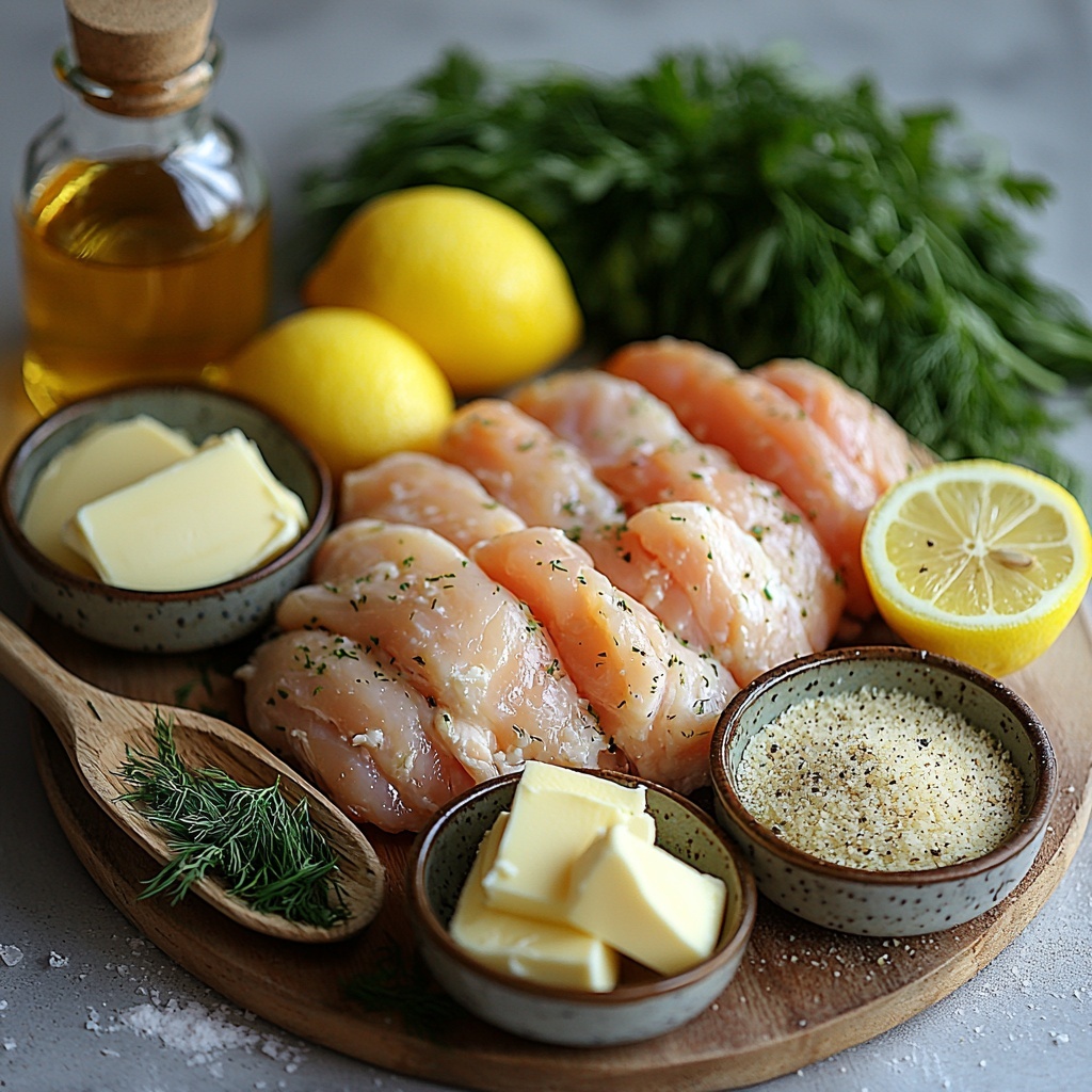 Main ingredients for Chicken Kiev: softened unsalted butter, minced garlic cloves, chopped fresh parsley, fresh dill sprigs, lemon wedges and zest, chopped chives, boneless skinless chicken breasts, all-purpose flour, beaten eggs, panko bread crumbs, small bottle or jar of vegetable oil, salt and pepper in small bowls. Arrange these ingredients neatly on a pristine white surface with natural daylight casting soft shadows, grouping herbs together with vibrant green hues, butter in a small ceramic dish showing creamy texture, garlic cloves peeled and minced beside a wooden spoon, bright yellow lemon wedges alongside a small bowl of lemon zest, chicken breasts raw and plump with a light sheen, flour dusted lightly near a glass bowl of beaten eggs with a silver fork resting beside it, panko crumbs in a rustic ceramic bowl showcasing crunchy texture, small clear bowls with salt and pepper crystals for contrast, bottle of golden vegetable oil slightly tilted for shine. Include textured linen napkin partially folded beside ingredients and delicate wooden cutting board. Colors crisp and fresh, textures natural and inviting, composition balanced and harmonious, overhead shot, top down view, flat lay photography, professional food styling --ar 1:1 --q 2 --s 750 --v 6.1