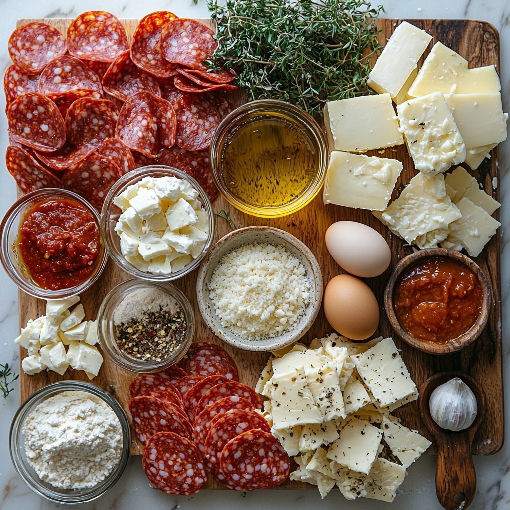 instant yeast packet, small bowl of warm water, white sugar granules in a teaspoon, heap of all-purpose flour with a small measuring cup, bowl of salt and garlic powder, small glass bottle of olive oil with a drizzle on a rustic spoon, melted butter in a clear bowl, three cloves of garlic minced on a wooden board, small ramekin of bright red pizza sauce, neatly stacked slices of deep red salami, creamy white provolone slices layered beside vibrant red pepperoni slices, pile of shredded mozzarella cheese with soft, fluffy texture, whisked egg in a small white bowl, small dish of finely grated Parmesan cheese with a powdery texture, sprinkle of dried green parsley flakes scattered gently for contrast -- all ingredients carefully arranged on a clean, matte white surface with natural light casting soft shadows, subtle props like a wooden spoon and a linen napkin adding warmth, colors vivid and textures distinct to highlight freshness and variety, overhead shot, top down view, flat lay photography, professional food styling --ar 1:1 --q 2 --s 750 --v 6.1