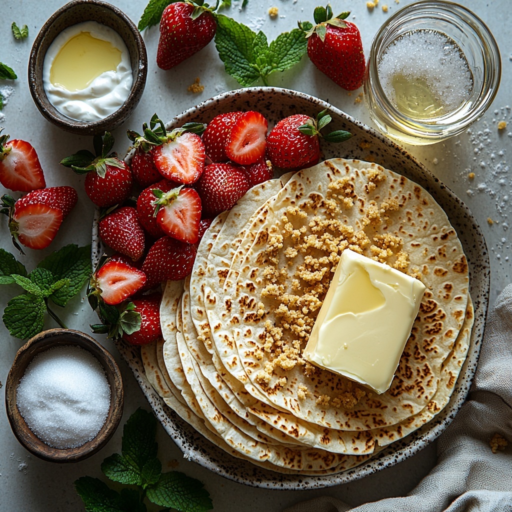 flour tortillas stacked and fanned out on a clean white surface, a small bowl of golden melted butter glistening, a rustic dish with golden brown graham cracker crumbs mixed with rich brown sugar, a heap of fresh bright red chopped strawberries with vibrant green leaves nearby, a small glass bowl of sparkling white granulated sugar, a tiny bowl with clear water, a small container of fine white cornstarch powder, a smooth block of creamy ivory cream cheese at room temperature on a white ceramic plate, a tall glass measuring cup filled with thick white heavy cream, a small bowl of fine white confectioner’s sugar dust, a bottle of clear vanilla extract with a delicate label, all ingredients neatly arranged in an organized, balanced composition with natural soft daylight highlighting textures and colors, subtle shadows adding depth, minimalist styling with some fresh strawberry leaves and a clean linen napkin for contrast, crisp focus on each item showcasing creamy, crumbly, powdery, and juicy textures, overhead shot, top down view, flat lay photography, professional food styling --ar 1:1 --q 2 --s 750 --v 6.1