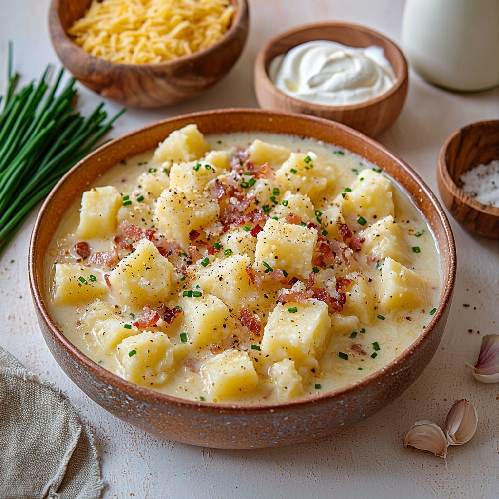 4 large russet potatoes, whole and peeled diced pieces, rustic rough skin texture and soft interior; 8 slices crispy golden-brown bacon strips and crumbled bits scattered; 4 tablespoons unsalted butter, smooth yellow cubes; 1/4 cup finely chopped yellow onion, small translucent pieces; 2 cloves garlic, minced into tiny white bits; 1/3 cup all-purpose flour, fine white powder in a small mound; 2 cups whole milk in a clean glass measuring cup, creamy white liquid; 1 cup half-and-half, rich off-white liquid in a small glass jar; 2 cups chicken stock, golden warm broth in a clear bowl; 1 cup mild cheddar cheese shredded, pale yellow soft strands; 1 cup sharp cheddar cheese shredded, warm orange shreds; 1 cup sour cream, thick and smooth bright white dollop in a ceramic dish; salt, pepper, and garlic powder small rustic wooden bowls with respective seasonings; fresh chives, vibrant green chopped grass-like pieces in a small heap. All ingredients thoughtfully spaced and balanced on a clean white matte surface, textures contrasting from smooth to crumbly, colors ranging from creamy whites, yellows, warm browns to fresh green. Soft natural light casting gentle shadows, minimalistic styling with simple neutral props for a cozy homemade feel. Overhead shot, top down view, flat lay photography, professional food styling --ar 1:1 --q 2 --s 750 --v 6.1