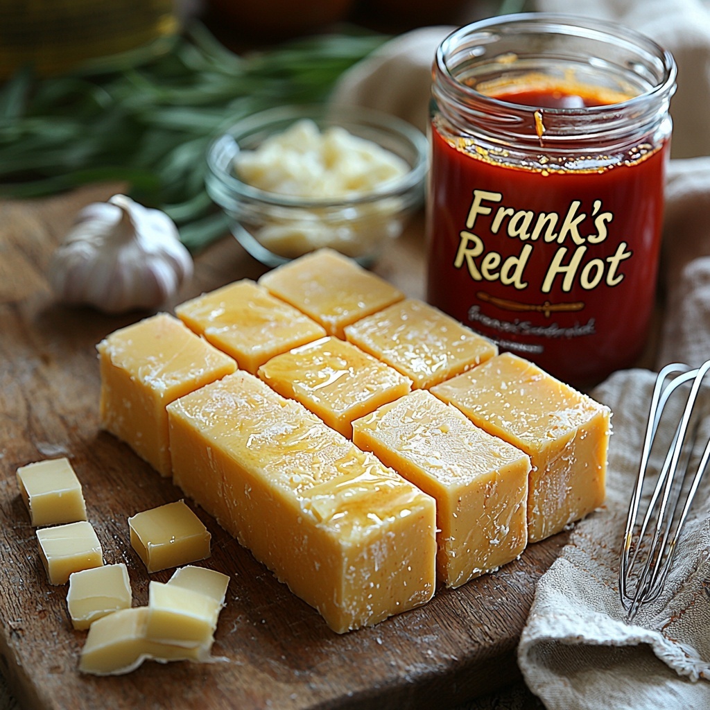 Butter block with a smooth, creamy texture, golden yellow half cup portion; two fresh garlic cloves, white and slightly papery, one whole and one minced with tiny garlic pieces scattered neatly nearby; a clear glass measuring cup filled with vibrant, bright red hot sauce with glossy, thick consistency labeled 