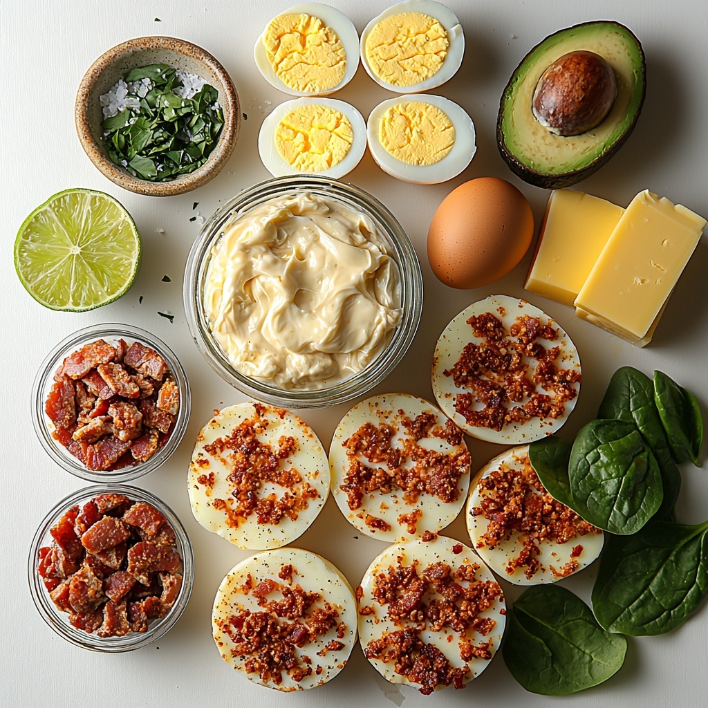 A clean white surface featuring the main ingredients for spicy chipotle egg breakfast sandwiches arranged neatly in a visually balanced flat lay: a small glass bowl with creamy pale mayonnaise mixed with reddish-brown minced chipotle peppers, a fresh lime cut in half showing bright green flesh, four golden toasted English muffin halves with textured, slightly crisp interiors, four large fresh white eggs cracked open in a rustic ceramic bowl alongside raw eggshell fragments, four slices of sharp cheddar cheese in vibrant orange-yellow, crispy cooked bacon strips with reddish-brown crispy edges beside browned sausage patties as an optional element, a small pat of creamy butter on a vintage dish, a scattering of ripe avocado slices with smooth green gradients and delicate baby spinach leaves with fresh deep green hues arranged around, salt and pepper in small glass containers with contrasting textures, natural soft daylight highlighting the varied textures and warm colors, subtle shadows for depth, minimalistic yet cozy styling, overhead shot, top down view, flat lay photography, professional food styling --ar 1:1 --q 2 --s 750 --v 6.1