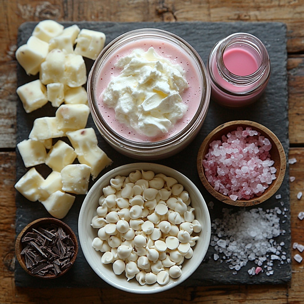 2 cups whole milk in a clear glass jug, 1/2 cup white chocolate chips scattered loosely on a white ceramic plate, 1/4 cup vibrant pink strawberry syrup in a small transparent bowl, a small glass jar of vanilla extract with a wooden cork, a dollop of fluffy whipped cream on a rustic white spoon, delicate white chocolate curls arranged artistically on a dark slate tile, a small pile of fine sea salt crystals on a wooden surface, a few drops of natural red or pink food coloring in a tiny glass dropper bottle. All ingredients thoughtfully spaced on a clean white marble countertop with soft natural lighting highlighting the creamy, smooth textures of chocolate and milk, the glossy shine of syrup, and the airy lightness of whipped cream. Warm shadows and subtle reflections add depth. Overhead shot, top down view, flat lay photography, professional food styling --ar 1:1 --q 2 --s 750 --v 6.1