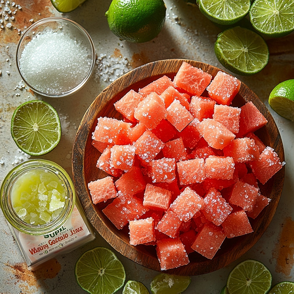 A clean, bright white surface featuring fresh ingredients for watermelon lime jelly preserves arranged artfully in a flat lay style: a large pile of seedless, finely chopped vibrant red watermelon pieces with glossy, juicy texture; a small rustic wooden bowl filled with coarse white granulated sugar crystals sparkling under soft natural light; a clear glass measuring cup containing pale greenish-yellow freshly squeezed lime juice with tiny pulp bits visible; a neat sealed box of Sure Jell Low Sugar Pectin in subtle beige and red packaging placed beside the ingredients; scattered lime halves and thin lime wedges with textured dark green rinds and juicy segmented interiors adding pops of color; a fine mesh sieve lined with white cheesecloth resting nearby hinting at the straining process; soft natural daylight casting gentle shadows to emphasize the freshness and textures of the juicy watermelon, crystalline sugar, and zesty lime; minimal and modern styling emphasizing clean lines and a fresh, vibrant color palette of reds, greens, whites, and neutral tones; overhead shot, top down view, flat lay photography, professional food styling --ar 1:1 --q 2 --s 750 --v 6.1