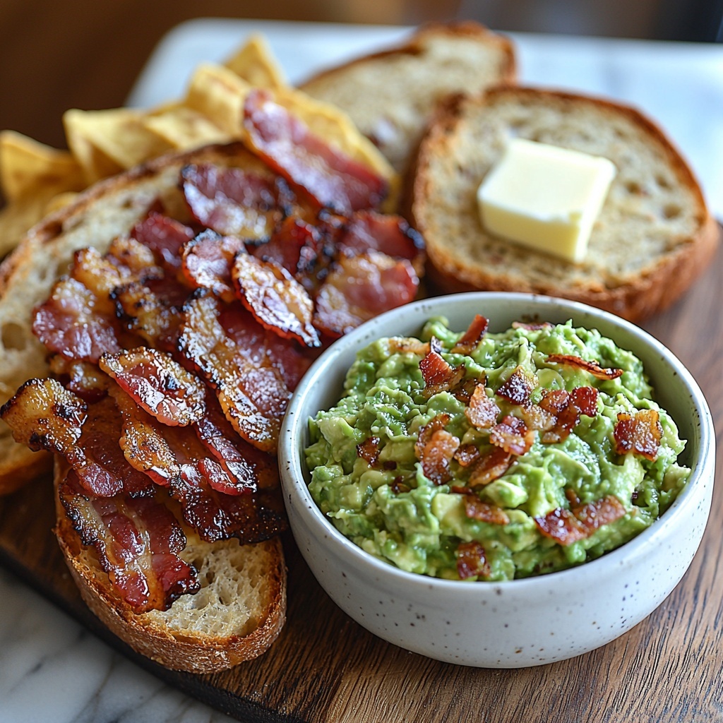 3 to 4 crushed golden-yellow tortilla chips scattered casually, 4 crispy, reddish-brown bacon strips stacked slightly overlapping, a small white bowl with creamy, light green guacamole showing smooth texture, a neat pile of shredded Colby Jack cheese with white and orange marbled strands, 2 rustic sourdough bread slices with a light golden crust and airy crumb visible, 2 tablespoons of soft salted butter shaped into small rustic pats on a wooden or marble surface; all ingredients artfully arranged on a clean, neutral-toned surface with natural daylight highlighting the varied textures and vibrant colors—warm tones from the bacon and cheese contrast with the fresh green guacamole, the butter’s creamy softness complements the crusty bread, tortilla chips add a rustic crunch element; minimal shadows, styled with a casual yet deliberate spacing to emphasize each ingredient’s freshness and inviting appeal overhead shot, top down view, flat lay photography, professional food styling --ar 1:1 --q 2 --s 750 --v 6.1