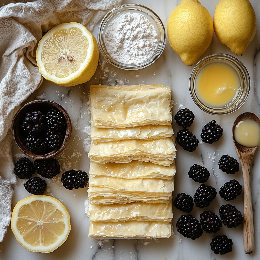 puff pastry sheet neatly folded on a white marble surface, a small bowl with soft cream cheese creamy and smooth texture, granulated sugar and turbinado sugar crystals sparkling in small clear glass bowls, a lemon sliced showing bright yellow zest and fresh juicy interior, a handful of fresh blackberries deep purple-black with glossy skin scattered artfully, a small bowl of beaten egg wash pale yellow with a fork resting beside, vanilla extract bottle with amber liquid and a teaspoon nearby, powdered sugar in a fine mesh sieve dusted lightly on the surface, a small bowl of lemon juice translucent and golden, rustic wooden spoon lying alongside, all ingredients arranged with natural light casting soft shadows, pops of vibrant colors and varied textures contrasting on a clean light background, minimalistic yet inviting styling, delicate linen napkin folded near one corner, overhead shot, top down view, flat lay photography, professional food styling --ar 1:1 --q 2 --s 750 --v 6.1