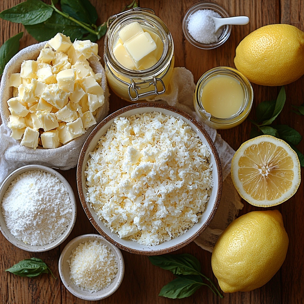 Half cup softened unsalted butter in a small white ceramic bowl, half cup granulated sugar in a clear glass bowl showing sparkling crystals, one cup all-purpose flour loosely piled on a natural linen cloth, half cup shredded coconut arranged in a neat pile highlighting its fibrous texture, half cup softened cream cheese in a smooth white ramekin, quarter cup glossy lemon curd in a small glass jar catching the light, half teaspoon vanilla extract in a tiny amber bottle, quarter teaspoon salt in a minimalist white porcelain spoon, fresh lemon zest curls beside a whole bright yellow lemon with texture visible, all ingredients carefully spaced out and balanced on a clean light wooden surface, soft natural daylight illuminating the scene, subtle shadows for depth, touches of green leaves for freshness, overall clean and inviting with warm tones and fine textures emphasized, overhead shot, top down view, flat lay photography, professional food styling --ar 1:1 --q 2 --s 750 --v 6.1