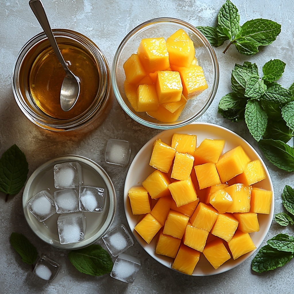 4 cups of clear water in a glass measuring cup, four black tea bags neatly stacked beside it, a ripe mango peeled and diced into vibrant golden-orange cubes arranged in a small white bowl, a small glass jar of rich amber vanilla syrup with a silver spoon resting inside, a handful of glossy translucent ice cubes scattered artfully around the ingredients, fresh bright green mint leaves placed delicately for garnish, all arranged on a clean, smooth white surface with soft natural lighting emphasizing the vivid colors and textures — the smoothness of the mango, the slight grain of the tea bags, the shine of the ice cubes, and the freshness of the mint leaves, styled with minimalist props and subtle shadows for a fresh, inviting, and refreshing look — overhead shot, top down view, flat lay photography, professional food styling --ar 1:1 --q 2 --s 750 --v 6.1