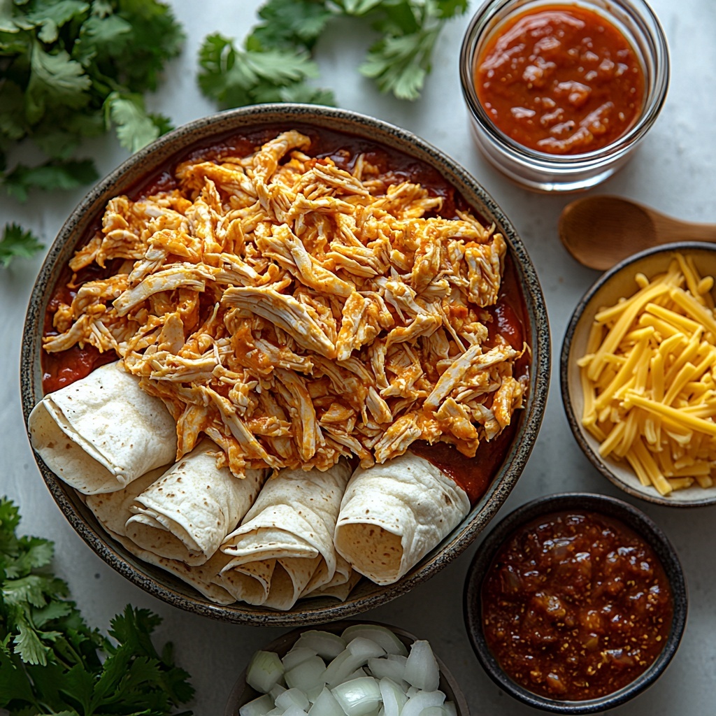 A clean white surface with the main ingredients for chicken enchilada casserole arranged neatly: a bowl of rich, deep red enchilada sauce with a glossy texture; a stack of eight soft, pale beige 8-inch flour tortillas slightly fanned out; a small heap of shredded cooked chicken that is tender and light golden brown; a small bowl of finely diced yellow onions with bright white and pale yellow tones; a small pile of vibrant orange shredded cheddar cheese with a slightly crumbly texture; a small dish of dark orange-brown taco seasoning powder; and a clear glass of water nearby. Bright natural light casts soft shadows, emphasizing the varied textures and warm colors. Minimalist props such as a small wooden spoon and a few sprigs of fresh green cilantro add contrast and freshness. The ingredients are spaced evenly but close enough to create a cohesive scene, styled for a clean, inviting, and appetizing presentation. overhead shot, top down view, flat lay photography, professional food styling --ar 1:1 --q 2 --s 750 --v 6.1