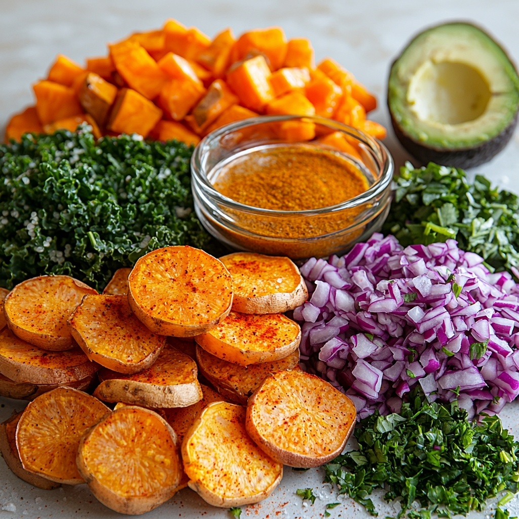 A clean white surface with all main ingredients for a nourishing grain bowl meticulously arranged in distinct groups: vibrant orange sweet potato rounds with slightly crisp edges, a small glass bowl of golden olive oil, delicate piles of earthy garlic powder, onion powder, smoked paprika, and chili powder speckled like colorful spice mounds; coarse kosher salt crystals scattered nearby. A heap of shredded rotisserie chicken in warm beige tones contrasts with finely chopped deep green kale leaves. Fluffy, cooked quinoa grains appear light and textured in a small heap. Thin, translucent slices of bright purple-red onion fan out beside a pile of vivid shredded red cabbage. Slices of ripe avocado reveal creamy green with buttery texture. A small ramekin holds creamy pale orange chipotle sauce with swirls visible. Fresh torn cilantro leaves sprinkled loosely add a fresh green pop. Natural soft lighting emphasizes the rich colors and varied textures. Composition is balanced with negative space for a modern, inviting aesthetic. Overhead shot, top down view, flat lay photography, professional food styling --ar 1:1 --q 2 --s 750 --v 6.1