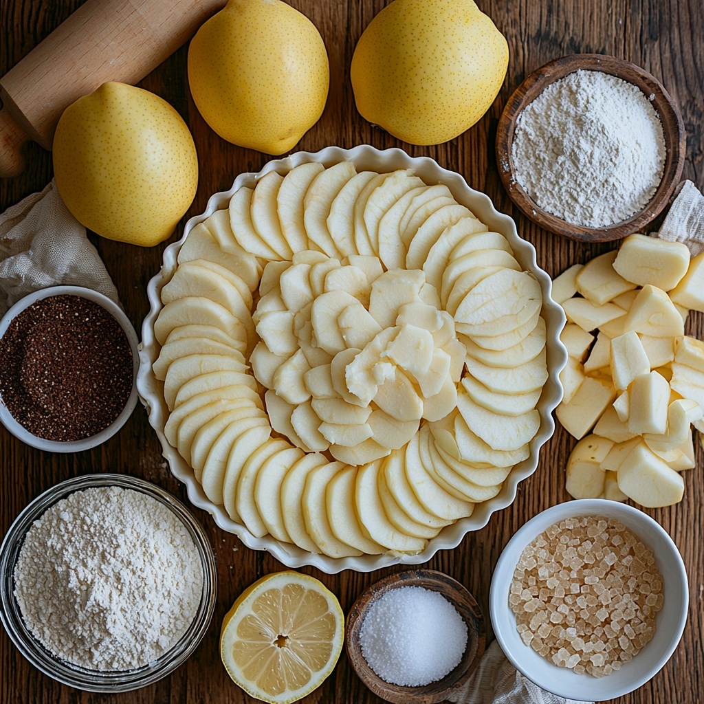 A clean, light wooden surface featuring all main ingredients for Dutch apple pie arranged neatly for flat lay photography: several peeled, cored, and thinly sliced apples fanned out on a small white plate showing their pale cream slices with red edges; a fresh lemon halved with one half juiced, bright yellow and glossy; a small glass bowl of all-purpose flour with soft, powdery texture; a small bowl of granulated sugar sparkling with tiny crystals; ground spices—cinnamon, cloves, and nutmeg—in rustic wooden spoons, rich warm brown and golden hues; a chilled, rolled-out 9-inch pie crust pastry on a white ceramic pie dish, showing its flaky, pale dough; half a cup of softened butter on a small rustic dish, creamy and pale yellow; a bowl of packed brown sugar with deep caramel color and coarse texture; a small scoop of baking powder and a pinch of salt on white spoons; all items spaced evenly with natural soft daylight casting subtle shadows, styled with a simple linen napkin and a wooden rolling pin slightly visible at the edge. overhead shot, top down view, flat lay photography, professional food styling --ar 1:1 --q 2 --s 750 --v 6.1