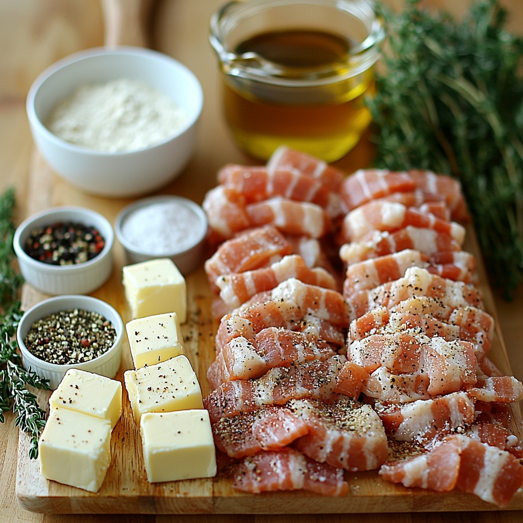 Thick cut bacon strips uncooked, raw boneless skinless chicken breasts sliced and pounded thin, small bowls of all-purpose flour and plain Italian breadcrumbs mixed together with seasoned salt and black pepper, a glass measuring cup of golden vegetable oil, cubes of butter neatly arranged on a small white dish, a mound of flour ready for roux, a clear bowl of rich chicken broth, beef bouillon cube beside a small bowl of creamy half and half, small ramekins containing low sodium soy sauce, onion powder, garlic powder, dried thyme, rosemary, and ground sage arranged in a neat line, a tiny dish of dark Kitchen Bouquet drops, fresh green parsley sprigs for garnish, all ingredients laid out on a clean light wood surface with natural soft lighting casting gentle shadows, textures emphasized from the crispy bacon fat to the powdery flour and creamy liquids, rustic yet elegant styling with minimal props, knives and measuring spoons included for context, overhead shot, top down view, flat lay photography, professional food styling --ar 1:1 --q 2 --s 750 --v 6.1