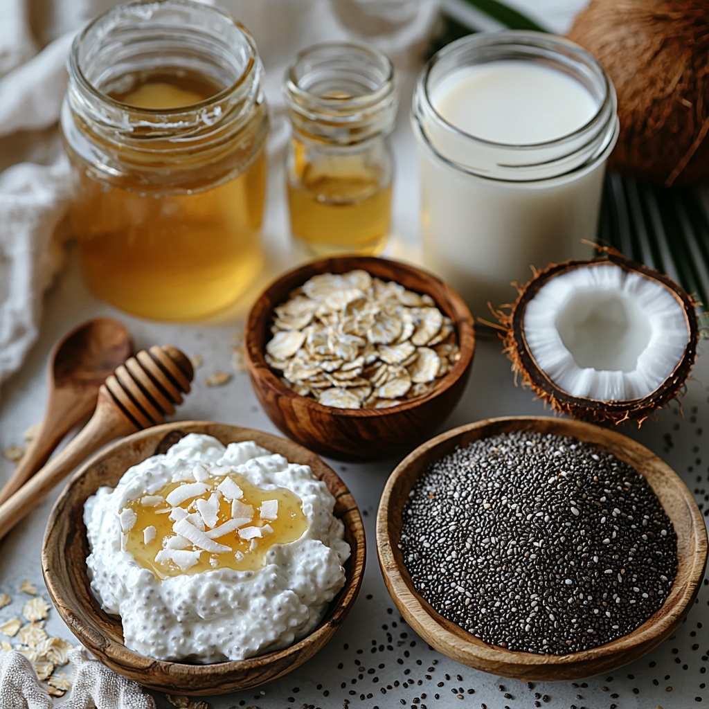 Coconut Chia Pudding ingredients arranged on a clean white surface for a bright, airy flat lay: a small bowl of creamy Greek yogurt with smooth texture, a glass jar filled with golden honey glistening in the light, a heap of fluffy shredded coconut showing fine, snowy white flakes, a small wooden bowl overflowing with tiny, glossy black chia seeds, a neat pile of rolled oats with a slightly rough, pale beige texture, a tall glass of creamy almond milk with subtle reflections, and a small bottle of vanilla extract with warm amber tones. All elements spaced evenly with natural wood spoons and a soft linen napkin for rustic charm, neutral background highlighting the fresh tropical vibe. Soft natural lighting emphasizing textures and colors, minimal shadows, styled with subtle props like a fresh coconut half and a few green palm leaves for a tropical touch. overhead shot, top down view, flat lay photography, professional food styling --ar 1:1 --q 2 --s 750 --v 6.1