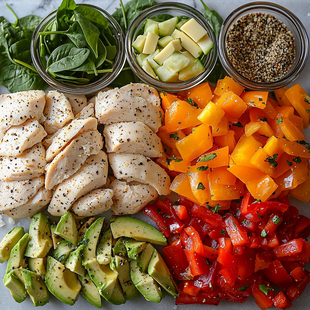 Boneless skinless chicken breasts, fresh garlic cloves and minced garlic, creamy mozzarella and gouda cheese blocks and shredded cheese, soft flour tortillas stacked, fresh bright green spinach leaves, colorful sliced red and yellow bell peppers, ripe avocado halves and cucumber slices, small bowls of salt, black pepper, Italian seasoning, and crushed red pepper flakes, all neatly arranged on a clean white marble surface. The chicken is raw and plump with a slight sheen, garlic cloves whole and peeling layers slightly cracked, cheese showing smooth and creamy textures with some shredded cheese scattered casually. Tortillas slightly overlapping in a neat stack, vibrant spinach leaves with visible veins, bell peppers sliced into crisp, thin strips showing vibrant reds and yellows, avocado displaying creamy green interiors and glossy seeds, cucumber slices fresh and translucent with seeds visible. Small glass bowls with fine spices add touches of earth tones. The layout is balanced with ample negative space, natural sunlight softly illuminating ingredients creating gentle shadows and highlights to emphasize freshness and textures. Styling includes rustic wooden spoons and a sprig of fresh herbs for visual interest, creating an inviting, colorful, and fresh composition. Overhead shot, top down view, flat lay photography, professional food styling --ar 1:1 --q 2 --s 750 --v 6.1