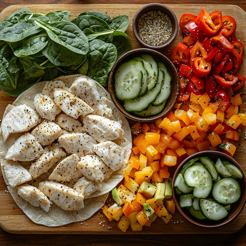 boneless skinless chicken breasts raw with a sprinkle of salt, black pepper, and Italian seasoning, fresh whole garlic cloves and minced garlic in a small bowl, creamy shredded mozzarella and gouda cheese piled loosely, soft flour tortillas stacked neatly, fresh vibrant green spinach leaves fanned out, sliced colorful bell peppers in red, yellow, and orange arranged in a semi-circle, ripe sliced avocado with smooth green texture, crisp cucumber slices stacked, small bowls with salt, black pepper, Italian seasoning, and crushed red pepper flakes, all ingredients carefully spaced on a clean, light wooden surface with natural soft lighting enhancing the fresh colors and textures, minimal shadows, a cozy kitchen vibe, overhead shot, top down view, flat lay photography, professional food styling --ar 1:1 --q 2 --s 750 --v 6.1