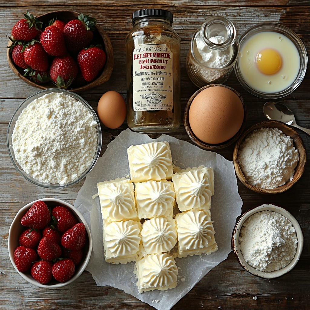 Softened cream cheese blocks, a small bowl of granulated sugar, a glass bottle of vanilla extract with label visible, a cracked egg in a white ceramic bowl, a small dish of sour cream, a small cup of heavy cream contrasting in creamy white textures, a mound of all-purpose flour on parchment paper, a pinch of salt in a tiny spoon, twelve mini graham cracker crusts neatly stacked in a row, a clear bowl filled with crushed freeze-dried strawberries showing vibrant red bits, a separate bowl of golden graham cracker crumbs, a small scoop of white sugar sparkling under light, and a small glass container of melted butter glowing with warm amber tones — all arranged symmetrically on a clean, bright white surface with natural soft daylight highlighting the varied textures from smooth and creamy to crumbly and crunchy. Subtle shadows add depth, with fresh strawberries and a vintage silver spoon placed casually nearby to enhance the strawberry theme. The scene is styled minimalistically yet inviting, emphasizing freshness and homemade charm, with slight rustic accents such as a linen napkin partially folded to the side. overhead shot, top down view, flat lay photography, professional food styling --ar 1:1 --q 2 --s 750 --v 6.1