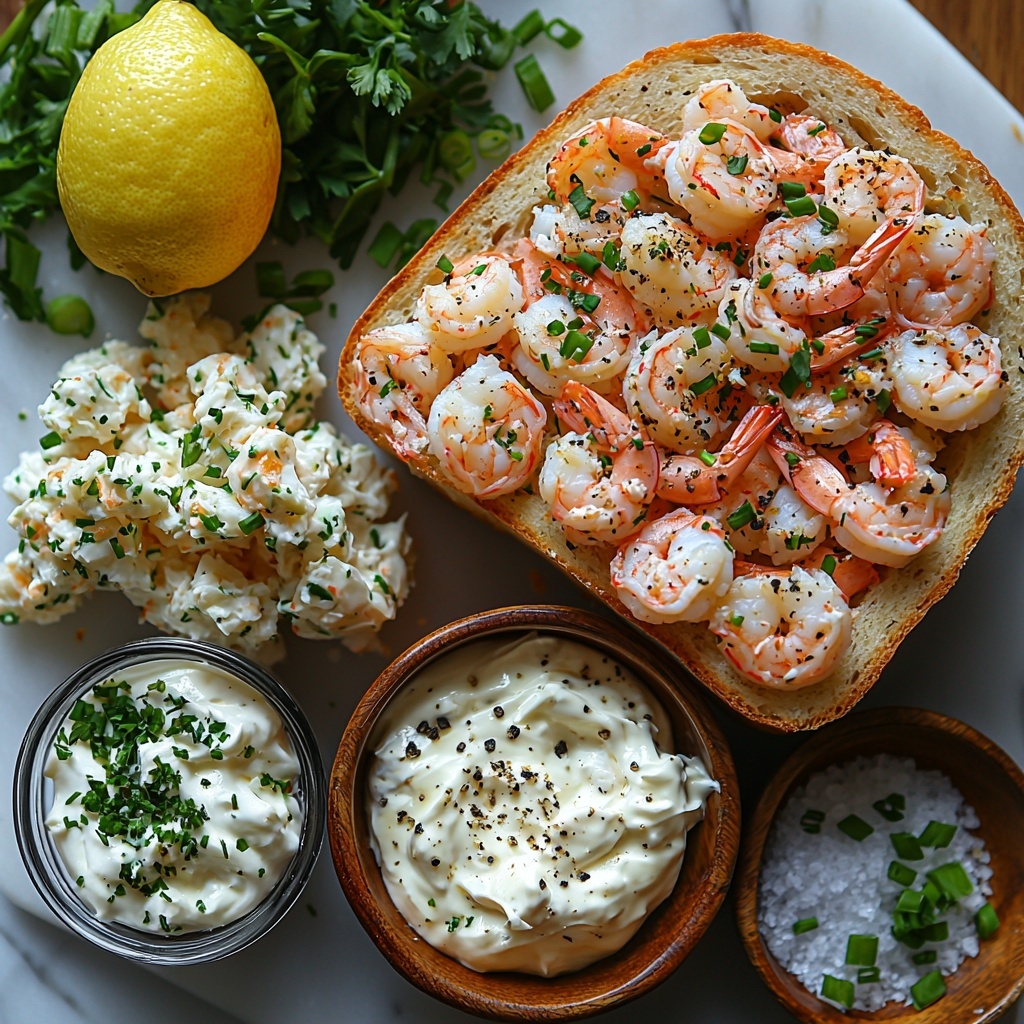 garlic bread loaf sliced in half showing soft interior, bowl of chopped cooked shrimp with pink and white textures, small pile of white and delicate crab meat flakes, creamy off-white softened cream cheese softly swirled in a ramekin, glossy pale mayonnaise in a small glass bowl, fresh green onions chopped with vibrant green and white pieces scattered artistically, small heap of fine white garlic powder, halved lemon with bright yellow flesh, small rustic bowls of salt and cracked black pepper, all ingredients arranged neatly on a clean white marble surface with natural light casting soft shadows, contrasting colors and textures emphasized, minimalistic rustic style with casual yet deliberate placement, subtle sprigs of fresh herbs for accent, overhead shot, top down view, flat lay photography, professional food styling --ar 1:1 --q 2 --s 750 --v 6.1