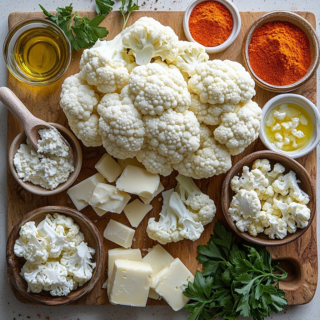 A clean, light-colored surface with all the main ingredients neatly arranged for a flat lay food photograph: a whole head of cauliflower broken into bite-sized florets showcasing its creamy white, textured surface; a small glass bowl of golden olive oil with a slight sheen; a small bowl of smooth, white heavy cream; two piles of freshly shredded cheese—vibrant orange cheddar and pale yellow Colby Jack with its marbled pattern; a small dollop of soft, white cream cheese on a rustic wooden spoon; small white ceramic spoons holding paprika powder in deep red and mustard powder in muted yellow; coarse salt crystals and freshly cracked black peppercorns scattered artfully around; a small bunch of bright green, finely chopped parsley adding a fresh pop of color. The ingredients are spaced evenly with natural light casting soft shadows, styled with minimal props to emphasize textures and vibrant colors. The overall look is fresh, inviting, and clean, capturing the essence of wholesome comfort food. overhead shot, top down view, flat lay photography, professional food styling --ar 1:1 --q 2 --s 750 --v 6.1