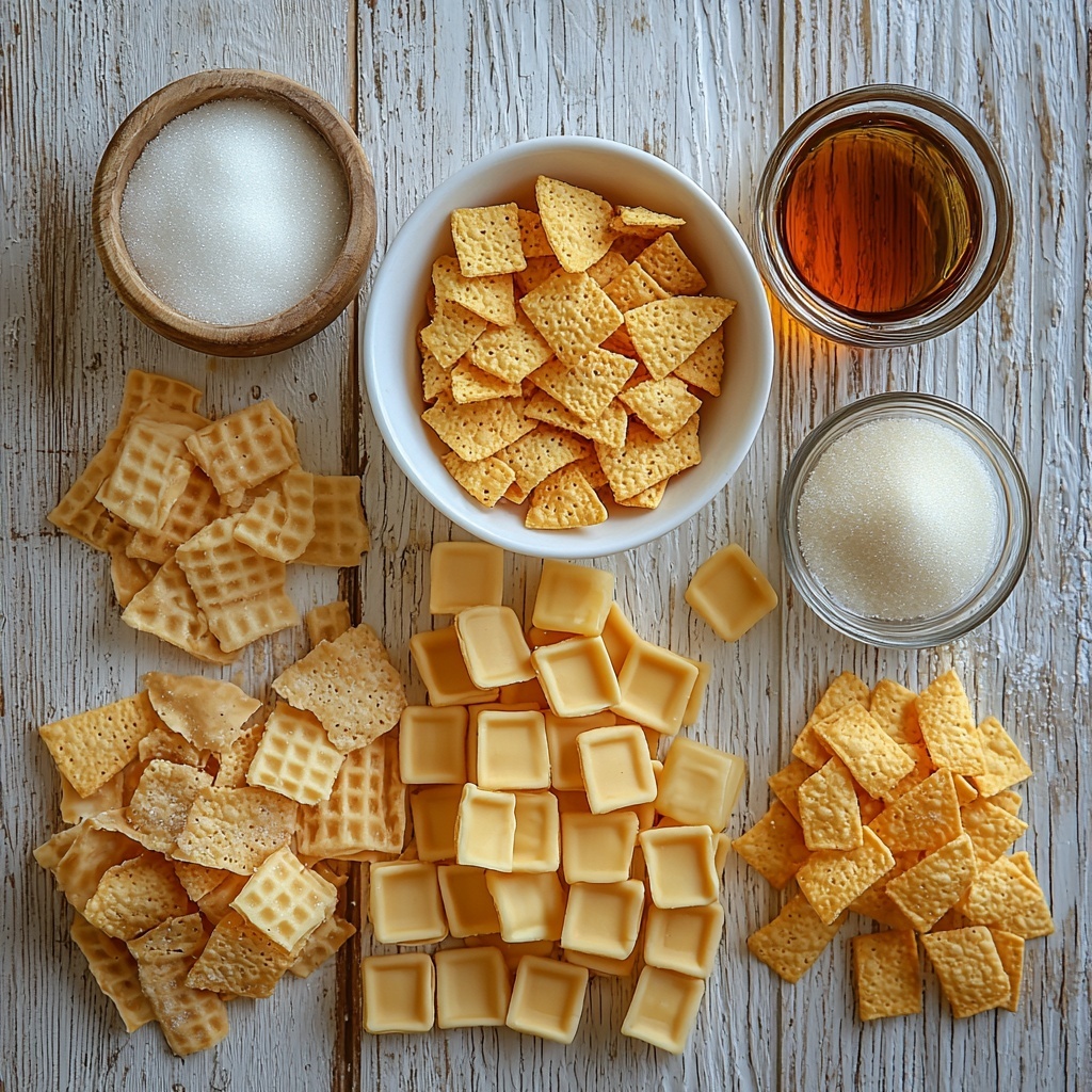 A clean white or light wooden surface neatly arranged with the main ingredients for peanut butter Fritos candy: a crinkled open bag of golden yellow Fritos corn chips scattered loosely with some chips separated in small piles showcasing their crunchy texture; a smooth bowl of creamy light brown peanut butter with a shiny surface; a clear glass measuring cup filled halfway with amber light corn syrup glistening under soft light; a small white bowl of fine white granulated sugar with a slight sparkle; a small glass container of warm light golden syrup with gentle reflections; a tiny glass dish with pale vanilla extract; all items spaced evenly to allow each ingredient’s distinct color and texture to stand out; soft natural lighting highlighting the glossy peanut butter and syrup, and the crispy texture of the Fritos chips; minimal shadows for a clean, fresh look; subtle rustic elements like a folded linen napkin or wooden spoon placed casually nearby to add warmth without clutter; overhead shot, top down view, flat lay photography, professional food styling --ar 1:1 --q 2 --s 750 --v 6.1
