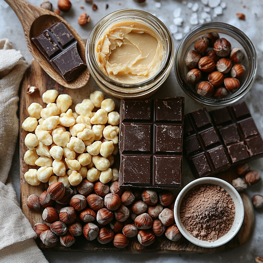 160 g chilled full-fat coconut milk in a small glass jar with creamy white texture, 120 g finely chopped vegan dark chocolate scattered in a small pile showing rich, glossy dark brown chunks, 60 g smooth hazelnut butter in a small rustic bowl with a creamy, light brown surface, 40 g pure maple syrup in a small glass jug glistening with amber tones, 1 teaspoon vanilla extract in a tiny glass bottle with a light golden color, ¼ teaspoon fine sea salt crystalline flakes in a small white ceramic dish, 15 whole roasted skinless hazelnuts arranged neatly in a small cluster showcasing their warm, toasted brown shells, 100 g finely chopped roasted skinless hazelnuts spread evenly in a shallow bowl highlighting their coarse texture and golden-brown hues, 200 g solid blocks of vegan chocolate with a rich, dark color and smooth surface, 14 g hazelnut butter in a second small bowl with a dollop showing velvety texture. All ingredients arranged thoughtfully on a clean, bright white textured surface with natural soft daylight casting gentle shadows; subtle props include a wooden spoon and a linen napkin in neutral tones to enhance warmth and rustic elegance. overhead shot, top down view, flat lay photography, professional food styling --ar 1:1 --q 2 --s 750 --v 6.1
