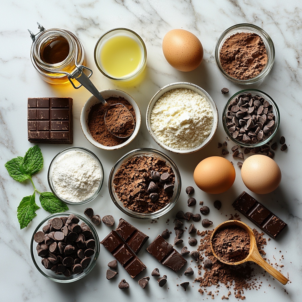 Chocolate cake ingredients and chocolate mirror glaze components arranged neatly on a clean white marble surface, featuring: all-purpose flour in a small glass bowl with a silver scoop, granulated sugar in a clear jar with some spilled granules artistically scattered, rich dark brown unsweetened cocoa powder in a rustic ceramic bowl, measuring spoons with baking powder, baking soda, and salt carefully leveled, two fresh large brown eggs cracked open next to whole milk in a glass pitcher, smooth vegetable oil in a small clear bowl, a glass bottle with vanilla extract, a clear cup with hot steaming water, sweetened condensed milk in a small glass bowl, glossy semi-sweet chocolate chips spilling slightly from a wooden scoop, gelatin powder in a white porcelain dish, cold water in a small glass bowl, all arranged with soft natural light highlighting the varied textures of powders, liquids, and glossy chocolate, slight shadows for depth, a minimalistic styling with subtle green mint leaves and a few chocolate shavings placed casually to enhance color contrast, clean and modern aesthetic, overhead shot, top down view, flat lay photography, professional food styling --ar 1:1 --q 2 --s 750 --v 6.1