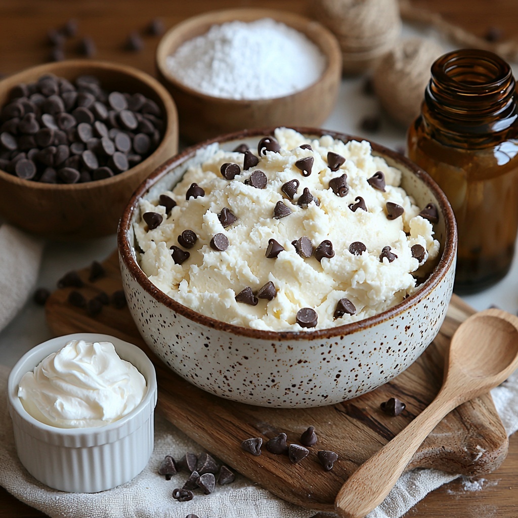 Chocolate chip cookie dough in a small rustic bowl, soft cream cheese block with a creamy texture on a vintage ceramic plate, powdered sugar in a delicate glass jar with a tiny wooden spoon, vanilla extract in a small amber bottle with a dropper, fluffy whipped cream dollop artfully swirled on a white porcelain dish, chunks of edible cookie dough scattered loosely on a wooden board, mini chocolate chips sprinkled in a tiny white ramekin, a small pat of golden butter on a minimalist dish, and a light dusting of powdered sugar gently spread on the clean pale marble surface as a subtle backdrop; ingredients arranged neatly with natural warm lighting casting soft shadows, highlighting the varied textures from creamy to chunky, subtle color contrasts of warm browns, creamy whites, and soft tans; surrounded by minimal rustic props such as light linen napkins and simple wooden utensils to evoke a cozy, inviting kitchen vibe, overhead shot, top down view, flat lay photography, professional food styling --ar 1:1 --q 2 --s 750 --v 6.1