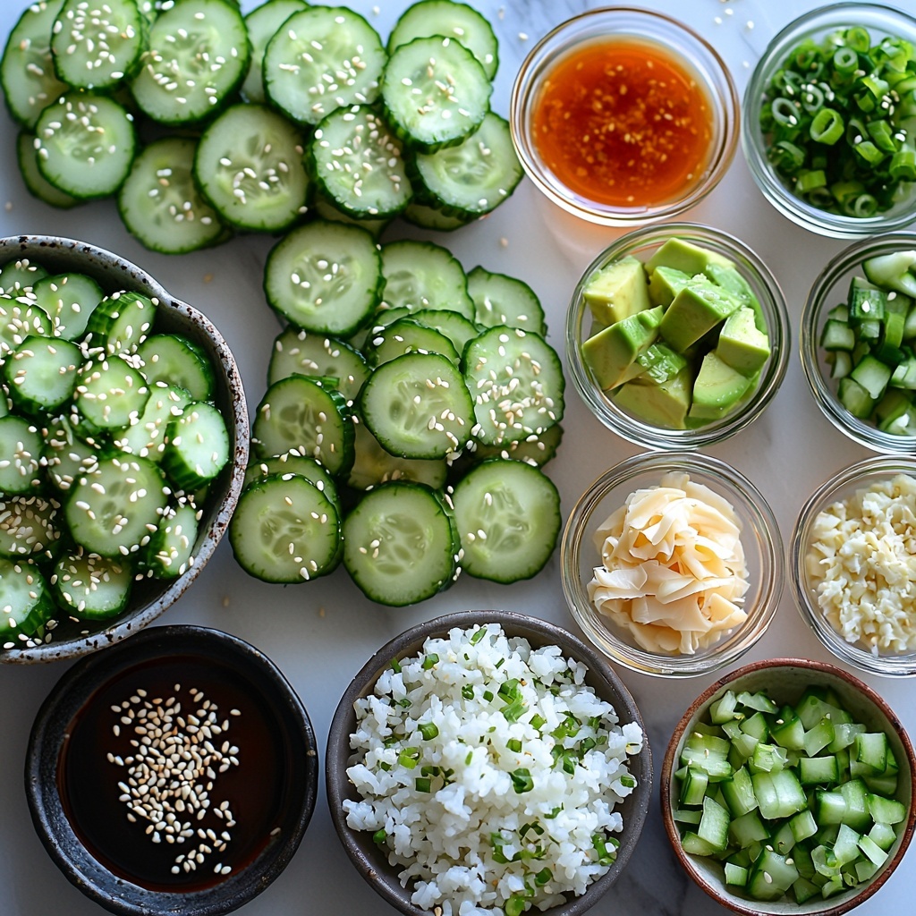 California roll cucumber salad ingredients neatly arranged on a pristine white marble surface: thinly sliced Persian cucumbers with vibrant green skin and translucent flesh, shredded pink and white imitation crab meat in a small rustic bowl, diced creamy pale green avocado cubes, a small mound of glossy white sushi rice grains, a tiny glass bowl of smooth off-white mayonnaise, a delicate dish with golden rice vinegar, a small soy sauce dish with deep brown liquid, a tiny drizzle of amber sesame oil, a small bowl with bright red sriracha, a cluster of finely sliced vivid green onions, scattered toasted beige sesame seeds, and thin dark green nori strips artistically placed; soft natural daylight illuminating fresh textures and vibrant colors, subtle shadows for depth, minimalist style with clean lines and negative space, gentle reflections on glass bowls, flat lay photography setup, overexposed white background for a fresh and modern look --ar 1:1 --q 2 --s 750 --v 6.1