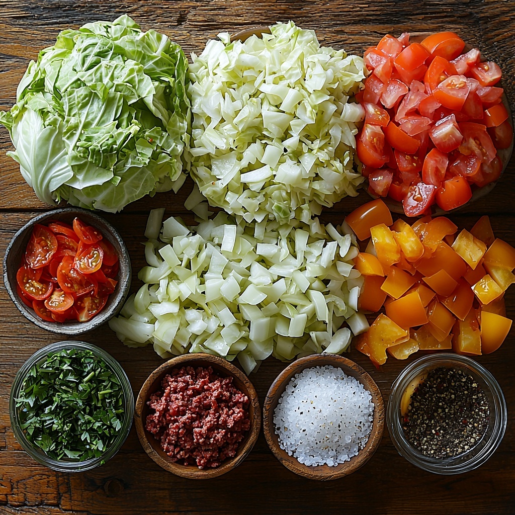 A clean white wooden surface with all main ingredients for homemade ground beef and cabbage neatly arranged: a large head of cabbage shredded into crisp, pale green and white layers; a glossy 14.5 oz can of diced tomatoes open with vibrant red tomatoes visible inside; a medium yellow onion diced into small translucent cubes; a small rustic bowl with fragrant Italian seasoning herbs in muted green and brown tones; coarse grains of salt and freshly ground black pepper scattered in tiny white and black piles; a portion of raw ground beef rich red with marbled fat, loosely packed; two cloves of garlic minced finely showing a creamy texture; a small glass cup filled with rich dark brown beef broth. Ingredients spaced evenly in natural groupings, some fresh herb sprigs nearby for color contrast, soft natural lighting highlighting textures with subtle shadows, minimalist styling emphasizing fresh, wholesome ingredients, clean and bright aesthetic. Overhead shot, top down view, flat lay photography, professional food styling --ar 1:1 --q 2 --s 750 --v 6.1