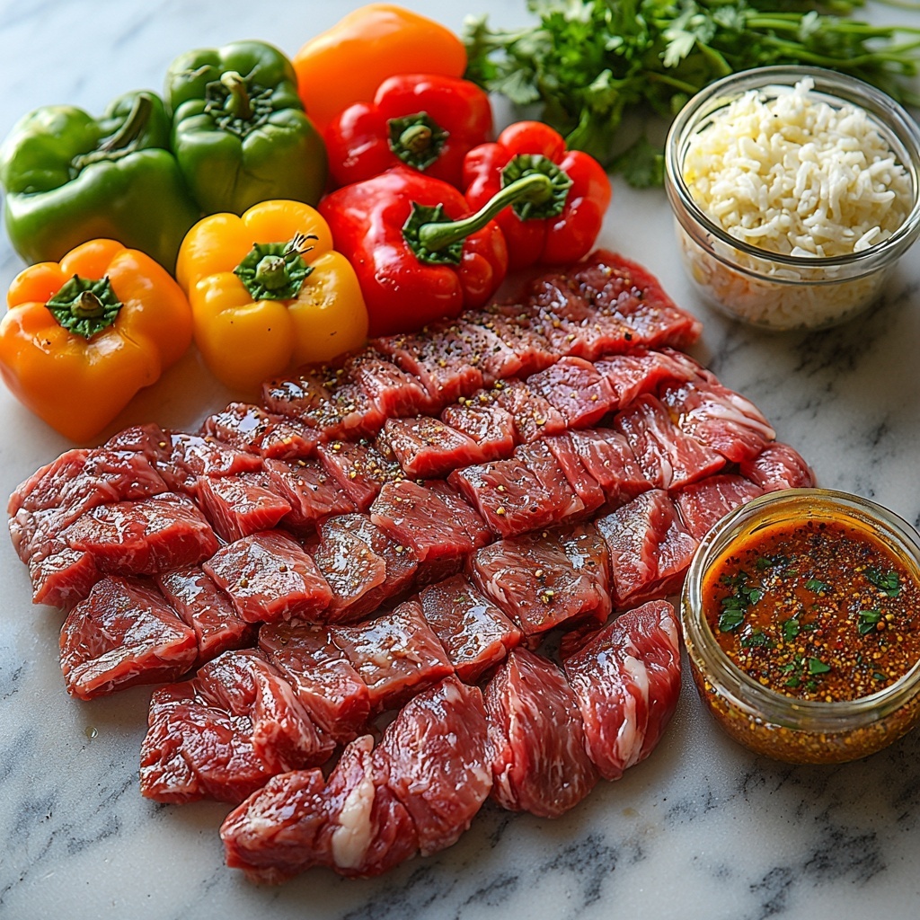 One pound of thinly sliced top sirloin steak arranged in neat strips showing rich red and marbled textures; half a yellow onion chopped into small pieces, bright pale yellow and white; three colorful bell peppers cut into vibrant red, orange, and green strips fanned out evenly; two tablespoons of glossy golden olive oil in a small glass dish catching light reflections; a small bowl of deep orange-red tomato sauce with smooth texture; a packet of fajita seasoning with rustic earth-toned spices spilled slightly beside it, showing flecks of red and brown; two cups of uncooked white Minute Rice displayed loosely in a small mound with a grainy texture; a measuring cup filled with clear golden chicken broth catching highlights; a rustic bowl of creamy Velveeta cheese dip oozing slightly to reveal gooey, melted texture; all ingredients carefully spaced and balanced on a clean white marble surface with natural soft shadows, accented by subtle greenery like fresh cilantro sprigs for color contrast; minimalistic and bright styling emphasizing natural colors and textures, warm natural light to enhance freshness and vibrancy, clean modern and inviting composition for an appetizing and approachable cooking scene, overhead shot, top down view, flat lay photography, professional food styling --ar 1:1 --q 2 --s 750 --v 6.1