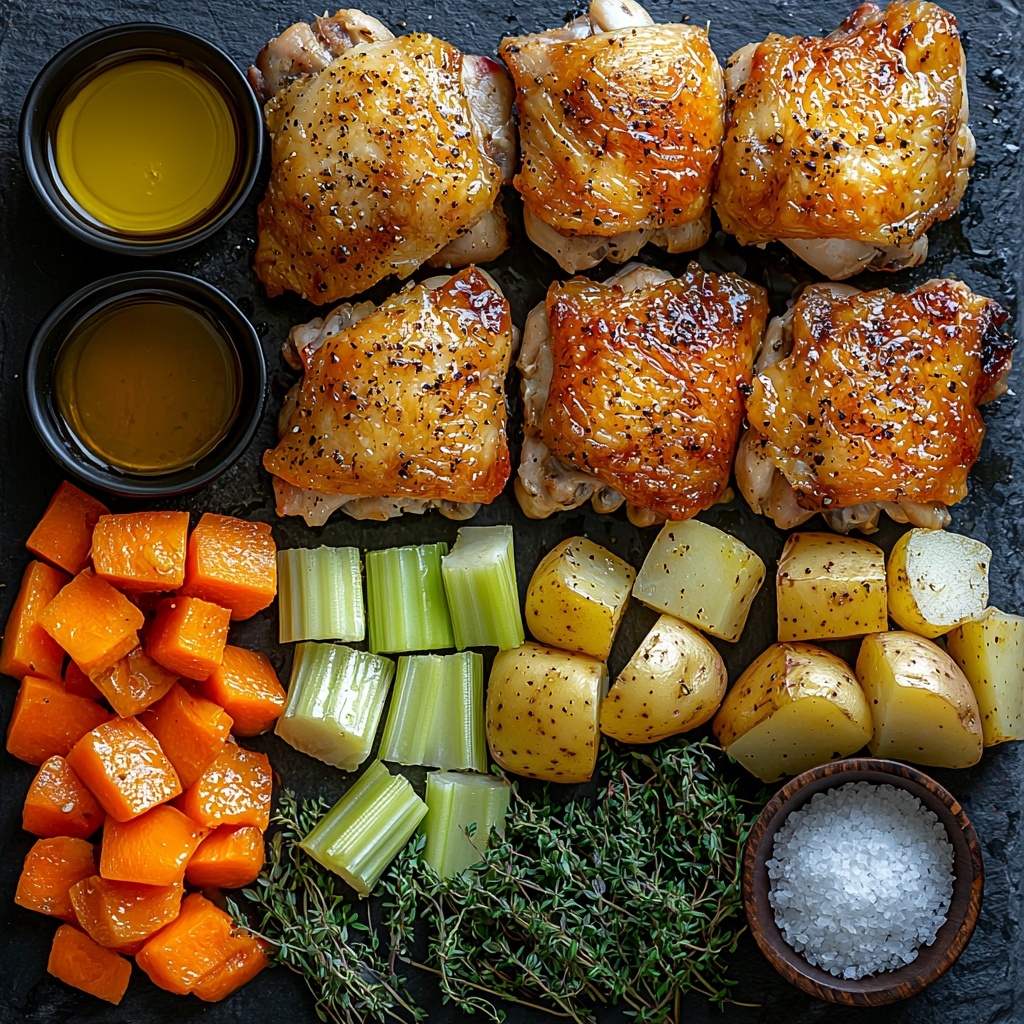 Crispy roasted chicken thighs and vibrant fresh ingredients flat lay: 8 bone-in, skin-on chicken thighs with golden, crispy skin arranged in a cluster; 2 medium Yukon gold potatoes and 1 medium sweet potato cut into rustic chunks with textured peel visible, scattered naturally; 2.5 cups bright orange chopped carrots and 2.5 cups light green celery pieces sliced diagonally, placed in loose piles; 1 medium shallot sliced into thin glossy strips; 4 large cloves of garlic, peeled, showing creamy white smooth texture; small bowls containing golden olive oil and rich brown soy sauce with visible honey sheen; small piles of coarse salt, cracked black pepper, ground ginger powder; all ingredients placed on a clean, matte white surface with soft natural daylight casting gentle shadows, emphasizing the vivid colors and diverse textures; styling includes a wooden spoon, scattered fresh thyme sprigs for a natural touch, and subtle rustic linen napkin edges visible on the corner; composition balanced with negative space for an airy, inviting feel. overhead shot, top down view, flat lay photography, professional food styling --ar 1:1 --q 2 --s 750 --v 6.1