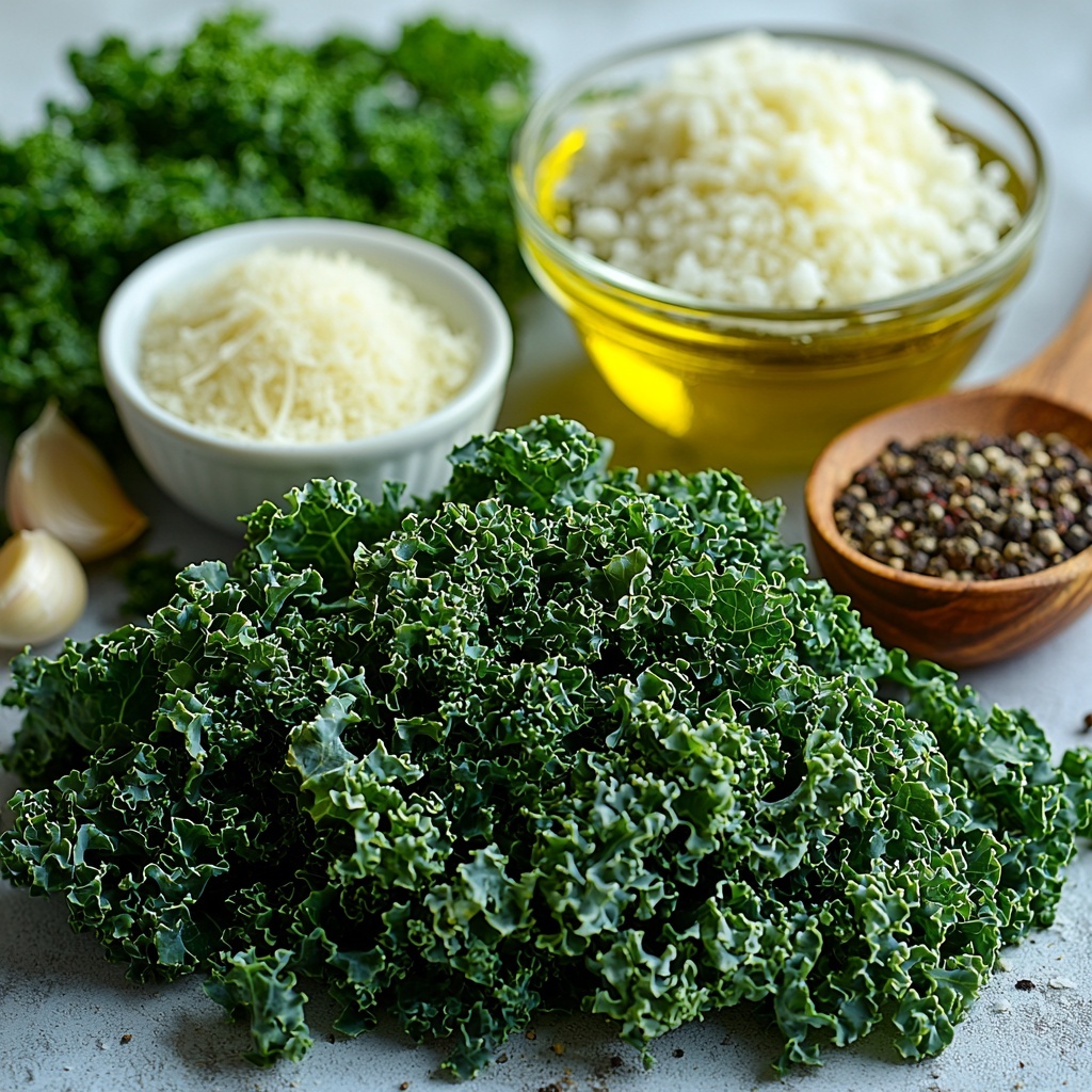 curly kale leaves, fresh and vibrant green, loosely piled and some chopped pieces scattered; small glass bowl with extra virgin olive oil, golden and glossy; coarse salt crystals in a white ceramic spoon; black ground pepper evenly spread in a tiny rustic bowl; fine garlic powder gently heaped on a light wooden scoop; small heap of grated parmesan cheese with fine, pale yellow shreds on a natural linen napkin; all ingredients arranged neatly and spaced on a clean white marble surface, showcasing varied textures from leafy greens to fine powders and coarse crystals; soft natural light highlighting the freshness and color contrast; minimal shadows for a bright, airy mood; subtle rustic props like wooden spoons and linen cloth for warmth and depth overhead shot, top down view, flat lay photography, professional food styling --ar 1:1 --q 2 --s 750 --v 6.1