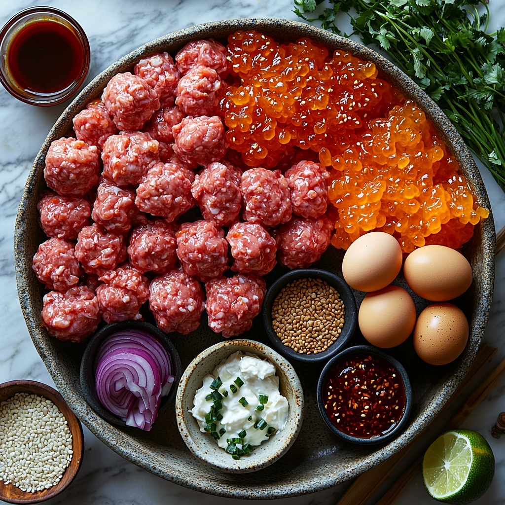 Korean BBQ meatball ingredients flat lay: raw ground beef and chicken in a rustic bowl, two whole eggs, a small bowl of golden breadcrumbs, a spoonful of dark brown sugar, a small dish of vibrant red gochujang paste, two cloves of garlic minced finely on a wooden board, a tablespoon of finely chopped red onion, fresh grated ginger piece with its fibrous texture visible, small bowls of glossy soy sauce and rich amber sesame oil, salt and black pepper shakers, a small bowl with cornstarch slurry (white powder mixed with water), honey in a tiny glass jar with a golden sheen, a jar of sweet chili sauce with deep orange-red color, lime cut in halves showing bright green juicy flesh, a bowl of creamy off-white mayonnaise, a small dish of spicy mayo dip garnished with a drizzle of honey, sprinkled sesame seeds scattered delicately nearby, and chopped green onions with vibrant green stalks. All ingredients arranged neatly on a clean white marble surface with subtle natural light to enhance vivid colors and textures, minimal shadows, some ingredients in small ceramic bowls and wooden spoons for warmth, styled with fresh herbs and rustic kitchen tools to add an inviting, artisanal feel. Overhead shot, top down view, flat lay photography, professional food styling --ar 1:1 --q 2 --s 750 --v 6.1