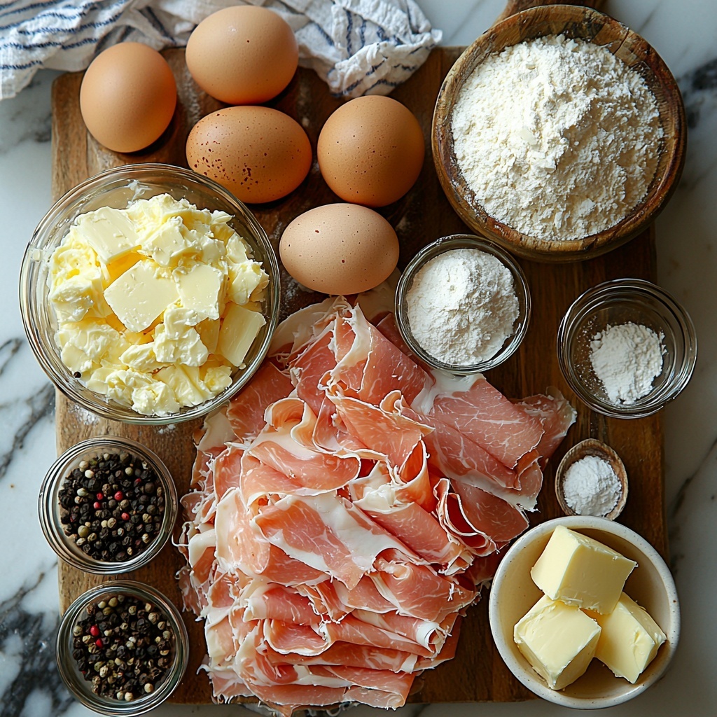 A clean, bright kitchen surface with all ingredients meticulously arranged for a flat lay photo: a small glass bowl of creamy whole milk with a smooth surface, a delicate mound of freshly grated pale yellow gruyere cheese, thick slices of pink deli ham stacked neatly, six large brown eggs with smooth shells placed in a rustic ceramic bowl, a neat pile of golden refrigerated biscuits with soft, flaky edges, a few pats of rich golden Kerrygold butter set on a white butter dish, a small white bowl holding fine all-purpose flour dusted lightly around it, tiny glass bowls containing kosher salt and cracked black pepper with contrasting white and black textures. The composition is balanced with natural daylight highlighting the creamy, buttery textures and warm tones of the ingredients, subtle shadows adding depth, and a minimalistic, rustic cloth napkin partially in frame for added warmth. Overhead shot, top down view, flat lay photography, professional food styling --ar 1:1 --q 2 --s 750 --v 6.1