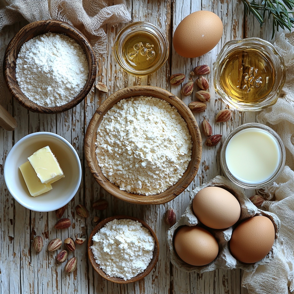 2 cups all-purpose flour in a small rustic ceramic bowl with a wooden spoon, 2 teaspoons baking powder and 1/2 teaspoon baking soda in small glass ramekins, 1/4 teaspoon salt in a tiny white porcelain dish, 1/2 cup melted unsalted butter in a clear glass measuring cup showing golden yellow liquid, 3/4 cup granulated sugar sparkling in a simple white ceramic bowl, 2 large brown eggs resting on a light linen cloth, 1/2 cup creamy plain yogurt in a shallow white bowl with smooth texture, 1/4 cup milk in a delicate glass cup reflecting soft light, 1 teaspoon vanilla extract and 1/2 teaspoon almond extract in small amber glass bottles with clear labels, 3/4 cup chopped shelled pistachios scattered loosely on a natural linen napkin showing vibrant green and tan colors, a few whole pistachios with shells placed artistically near the chopped ones, all ingredients neatly arranged on a clean white wooden surface with natural daylight casting soft shadows, warm and inviting color palette, textures emphasized from powdery flour to glossy liquids, minimal rustic styling with soft linen textiles and wooden accents, overhead shot, top down view, flat lay photography, professional food styling --ar 1:1 --q 2 --s 750 --v 6.1