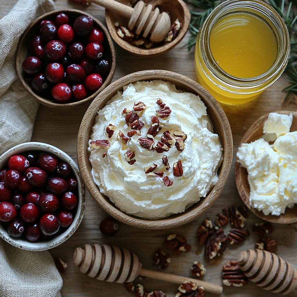 A clean light wooden surface with a neat flat lay arrangement of 8 oz creamy white Boursin cheese in a small rustic bowl, a bowl of fluffy white whipped cream beside it, a small clear glass bowl filled with vibrant red fresh cranberries, a small dish with golden-brown chopped pecans, a small glass jar of golden honey with a wooden honey dipper resting nearby, and a small bowl containing bright yellow fresh lemon juice. The ingredients are spaced evenly with soft natural lighting highlighting their rich textures—the creamy cheese smooth and slightly crumbly, the whipped cream light and airy, the cranberries glossy and plump, the pecans crunchy and textured, the honey thick and shiny, and the lemon juice fresh and translucent. A linen napkin and a wooden spoon add rustic styling accents, creating a balanced and inviting composition. overhead shot, top down view, flat lay photography, professional food styling --ar 1:1 --q 2 --s 750 --v 6.1