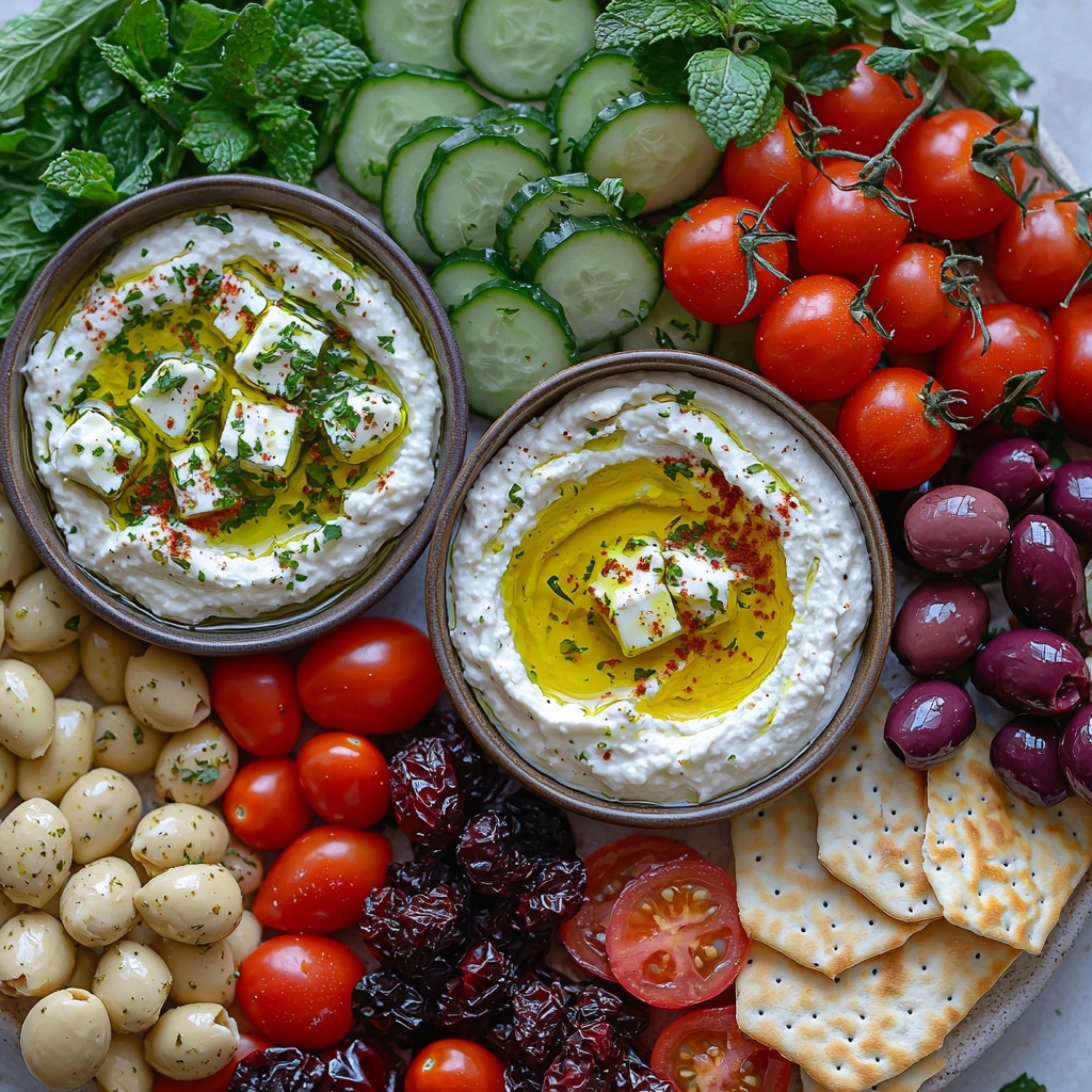 A vibrant Mediterranean grazing board flat lay with main ingredients artfully arranged on a clean white surface: two small bowls, one filled with creamy classic hummus, the other with smooth Greek yogurt drizzled with golden olive oil and sprinkled with green za’atar. Around the bowls, neat piles of bright green cucumber slices, glossy red cherry tomatoes, shiny dark purple Kalamata olives, and deep red roasted red pepper strips. Cubes of crumbly white feta cheese scattered evenly, accompanied by fresh, chopped parsley and mint leaves adding lively green accents. Rustic pita bread pieces and assorted crackers positioned around the edges, with optional golden roasted nuts and deep purple dried fruits or fresh grapes interspersed for texture and color contrast. The composition highlights contrasting colors and textures—creamy, juicy, crisp, and crumbly—with natural light enhancing vibrant colors and fresh ingredients. Clean, minimal, and inviting, overhead shot, top down view, flat lay photography, professional food styling --ar 1:1 --q 2 --s 750 --v 6.1