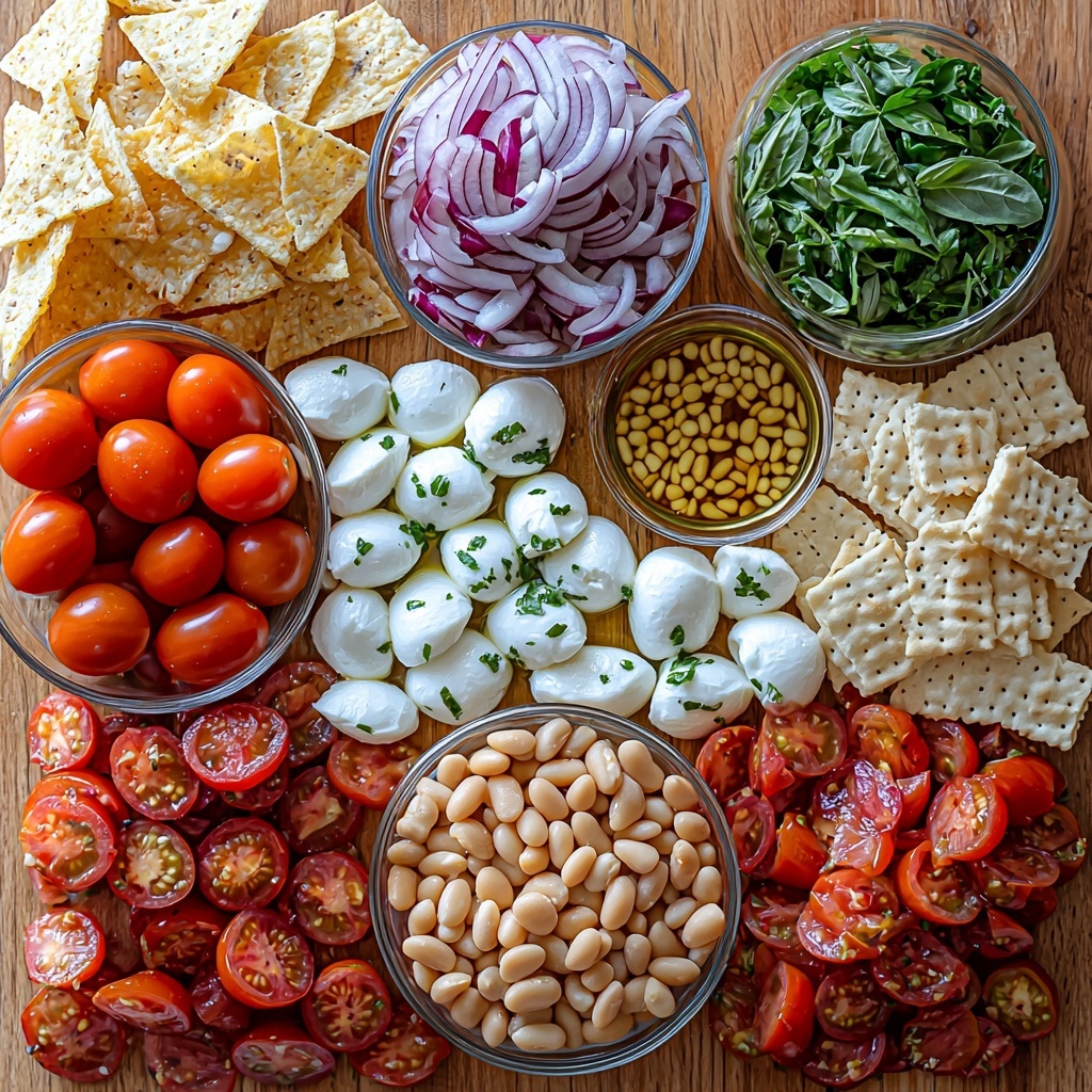 Grape tomatoes halved, fresh mozzarella balls, finely diced red onion, fresh basil leaves cut into ribbons, drained and rinsed cannellini white beans, sliced pepperoncinis, pine nuts scattered, small bowl of olive oil mixed with lemon juice and Italian dressing seasoning, crostini slices, pita chips, and crackers arranged neatly on a clean, light wooden surface. Ingredients are separated into small piles or bowls showcasing their vibrant colors and varied textures: the bright red tomatoes contrasting with the creamy white mozzarella, translucent pale beans next to glossy green basil and yellow-green pepperoncinis. The diced red onion adds a pop of purple, while the pine nuts provide subtle beige accents. The small glass bowl with golden dressing reflects soft natural light. The crostini and chips are artfully fanned out to balance the composition. Soft shadows and diffused daylight create a fresh, inviting atmosphere. overhead shot, top down view, flat lay photography, professional food styling --ar 1:1 --q 2 --s 750 --v 6.1