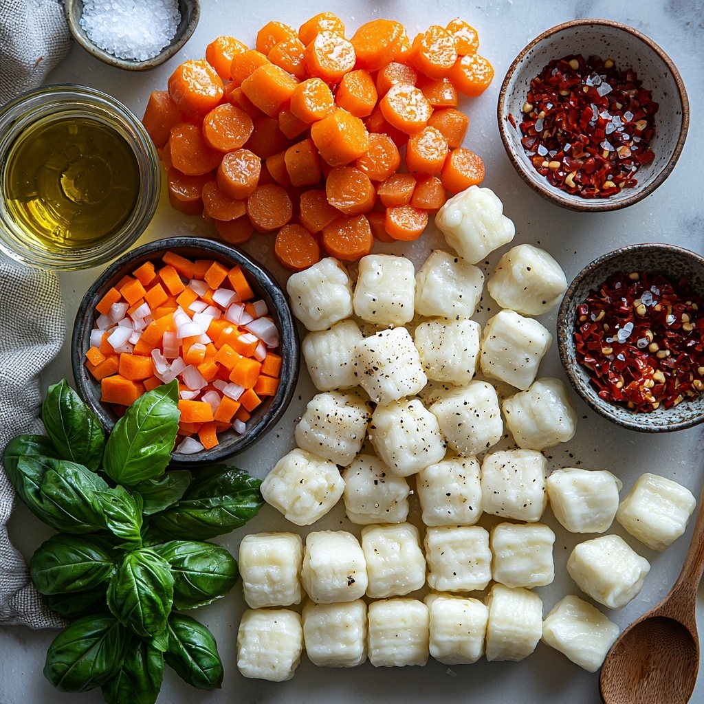 A vibrant flat lay of main ingredients for Gnocchi Alla Vodka arranged neatly on a clean white surface: a small bowl of golden olive oil with a shiny sheen, a mound of finely diced orange carrot pieces next to a pile of finely diced translucent white onion, several peeled garlic cloves finely minced displayed alongside, a glass measuring cup filled with clear pale vodka, a rustic 28-ounce can of bright red whole tomatoes slightly open to reveal juicy tomato texture, a small spoonful of deep red tomato paste, scattered coarse white salt crystals and coarse black peppercorns nearby, a pinch of crushed red pepper flakes adding vivid red specks, a heap of granulated white sugar, a small jug of creamy off-white heavy cream with silky texture, a rustic pile of pillowy white gnocchi pasta, a bowl of freshly grated pale yellow parmesan cheese with fine texture, fresh bright green basil leaves carefully sliced into ribbons arranged in a gentle curve, and a small dish of fiery deep red Calabrian chili paste with a glossy surface. The ingredients are spaced evenly with soft natural daylight creating subtle shadows and highlighting the varied textures and vibrant colors, with some ingredients slightly overlapping to suggest connection. Background elements minimal to keep focus on ingredients, styled with natural linen napkin and wooden spoons for warmth, overhead shot, top down view, flat lay photography, professional food styling --ar 1:1 --q 2 --s 750 --v 6.1